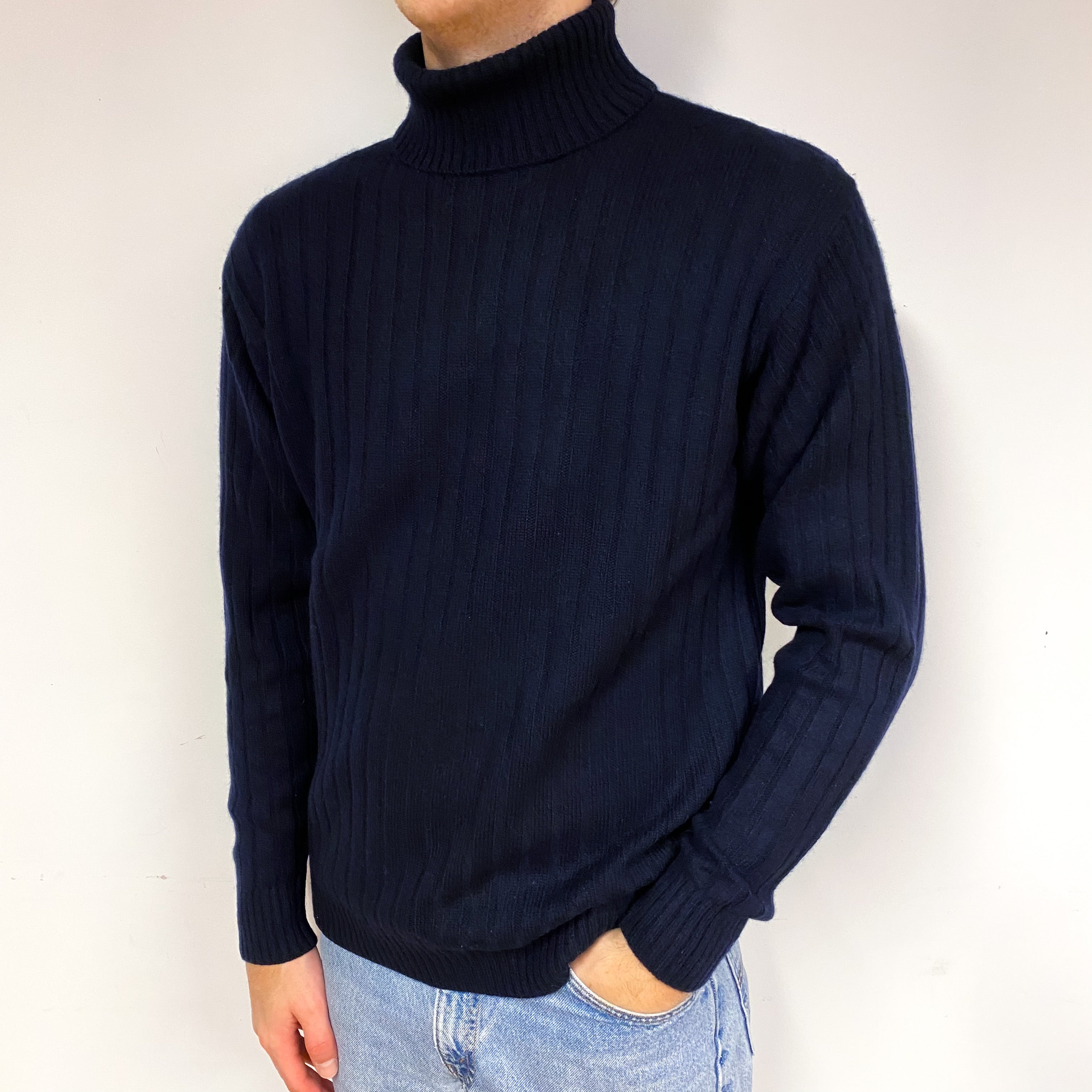Men's Dark Navy Ribbed Cashmere Polo Neck Jumper Large