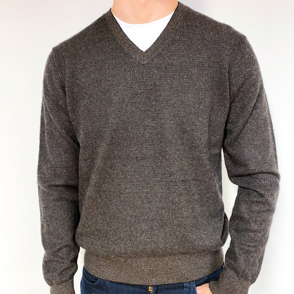 Men's Brown Black Two Tone Cashmere V-Neck Jumper Extra Large