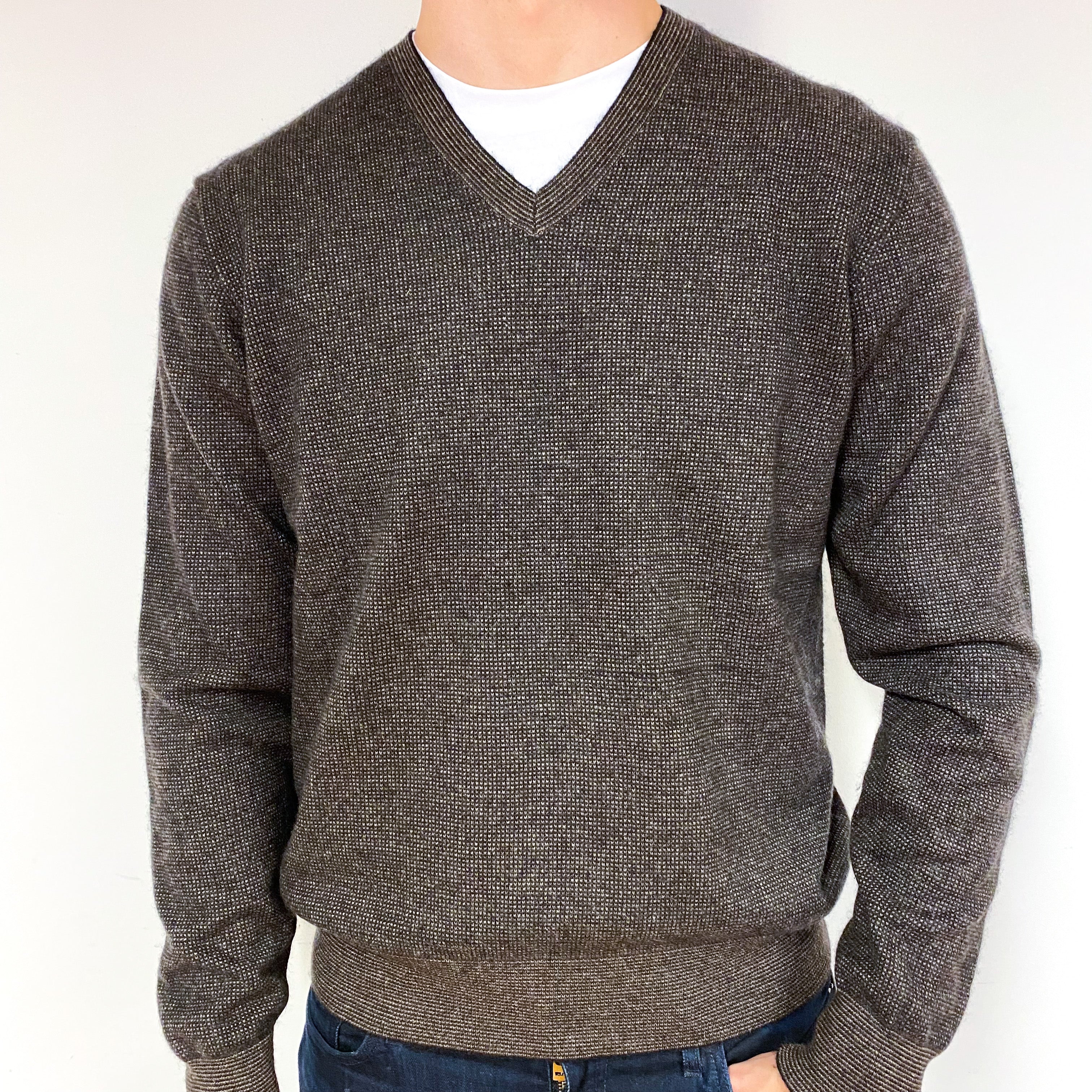 Men's Brown Black Two Tone Cashmere V-Neck Jumper Extra Large
