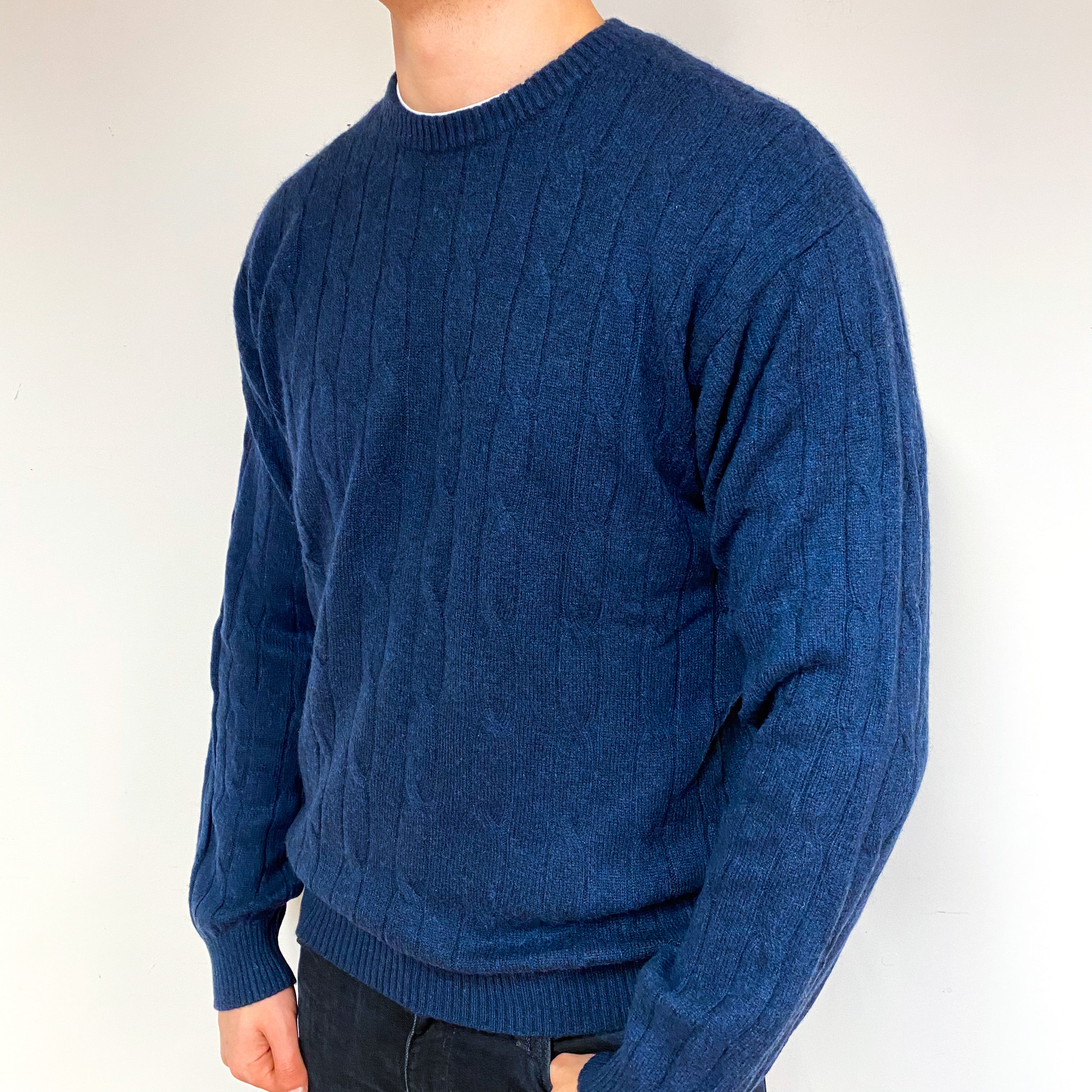 Men's Midnight Blue Cable Cashmere Crew Neck Jumper Extra Large