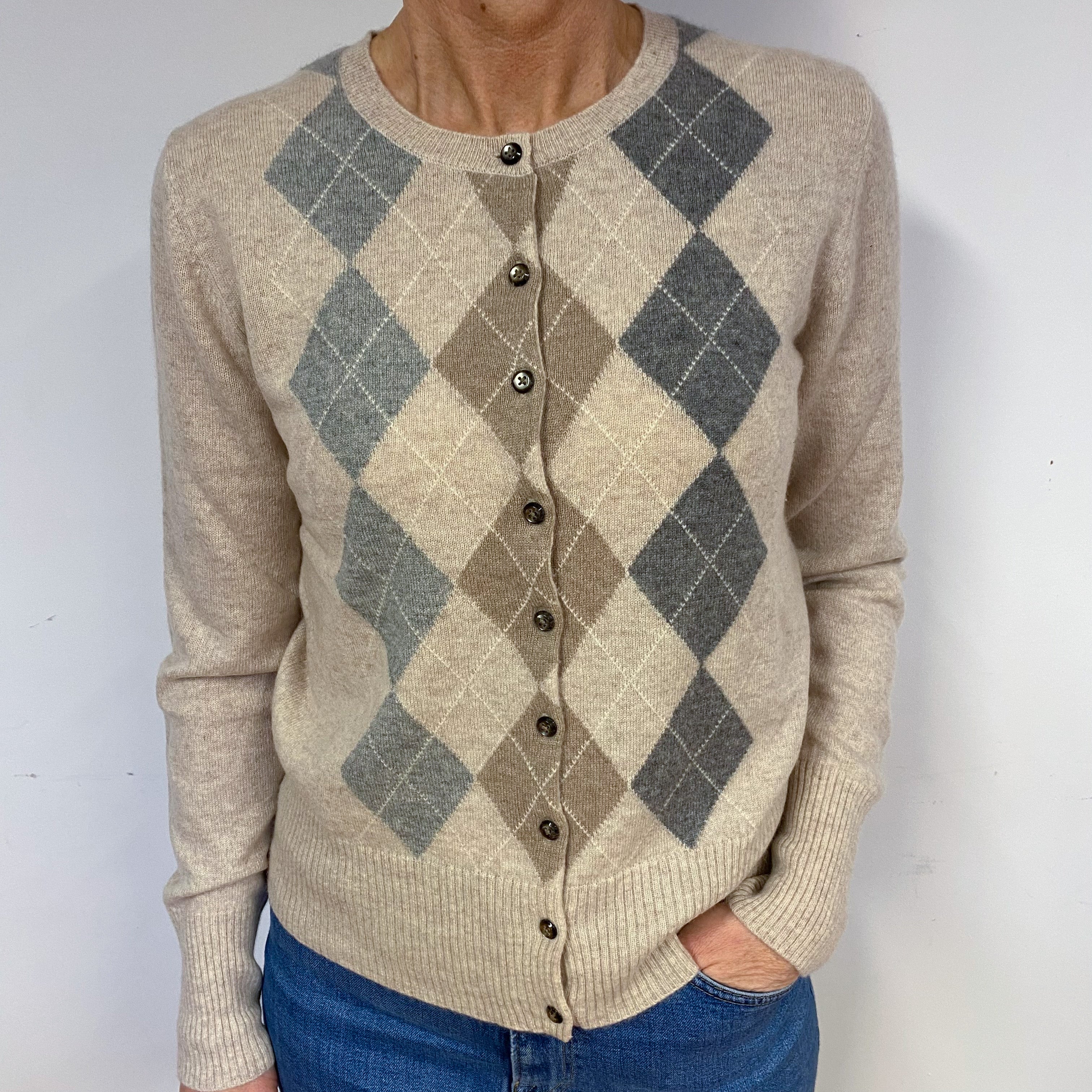 Fawn Grey Diamond Cashmere Crew Neck Cardigan Medium