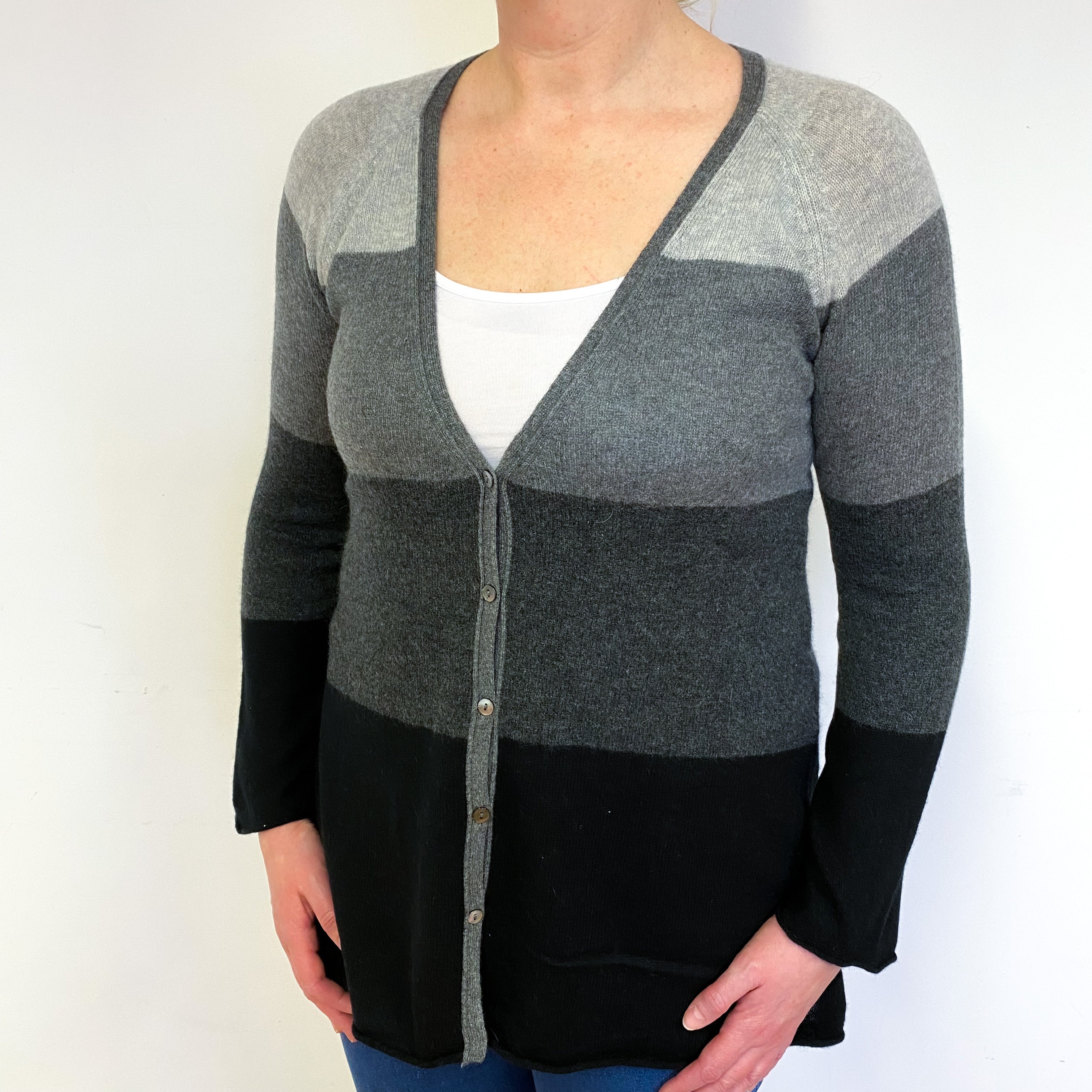 Black Grey Colour Block Cashmere V-Neck Cardigan Large