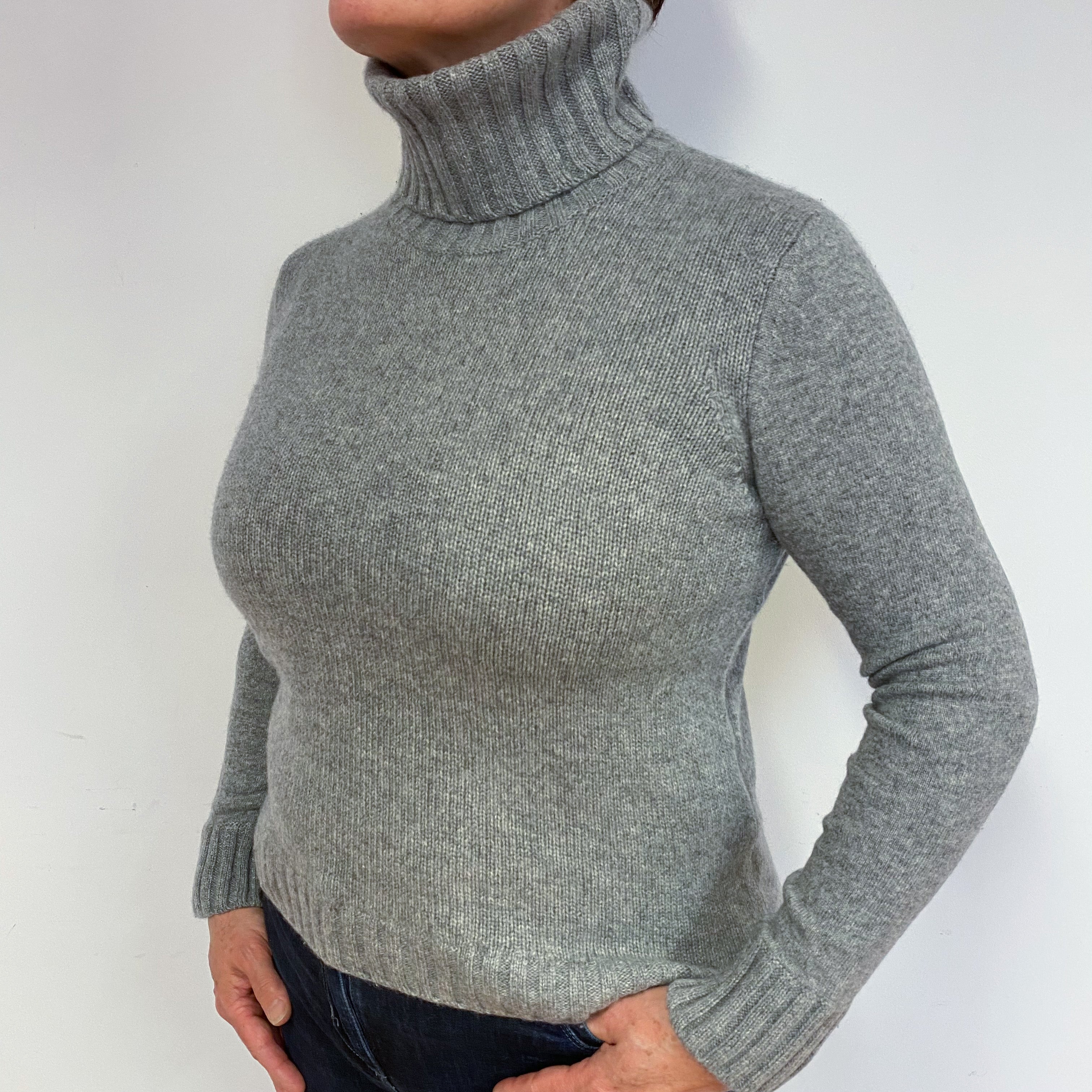 Smoke Grey Cashmere Polo Neck Jumper Large