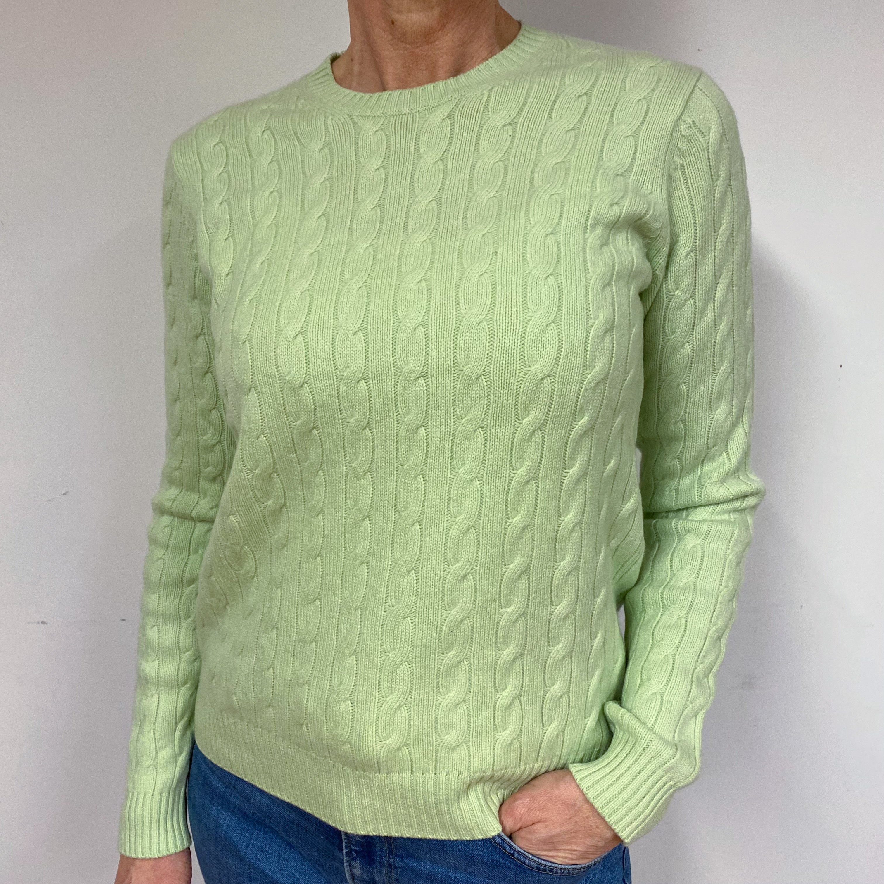 Soft Green Cable Cashmere Crew Neck Jumper Medium