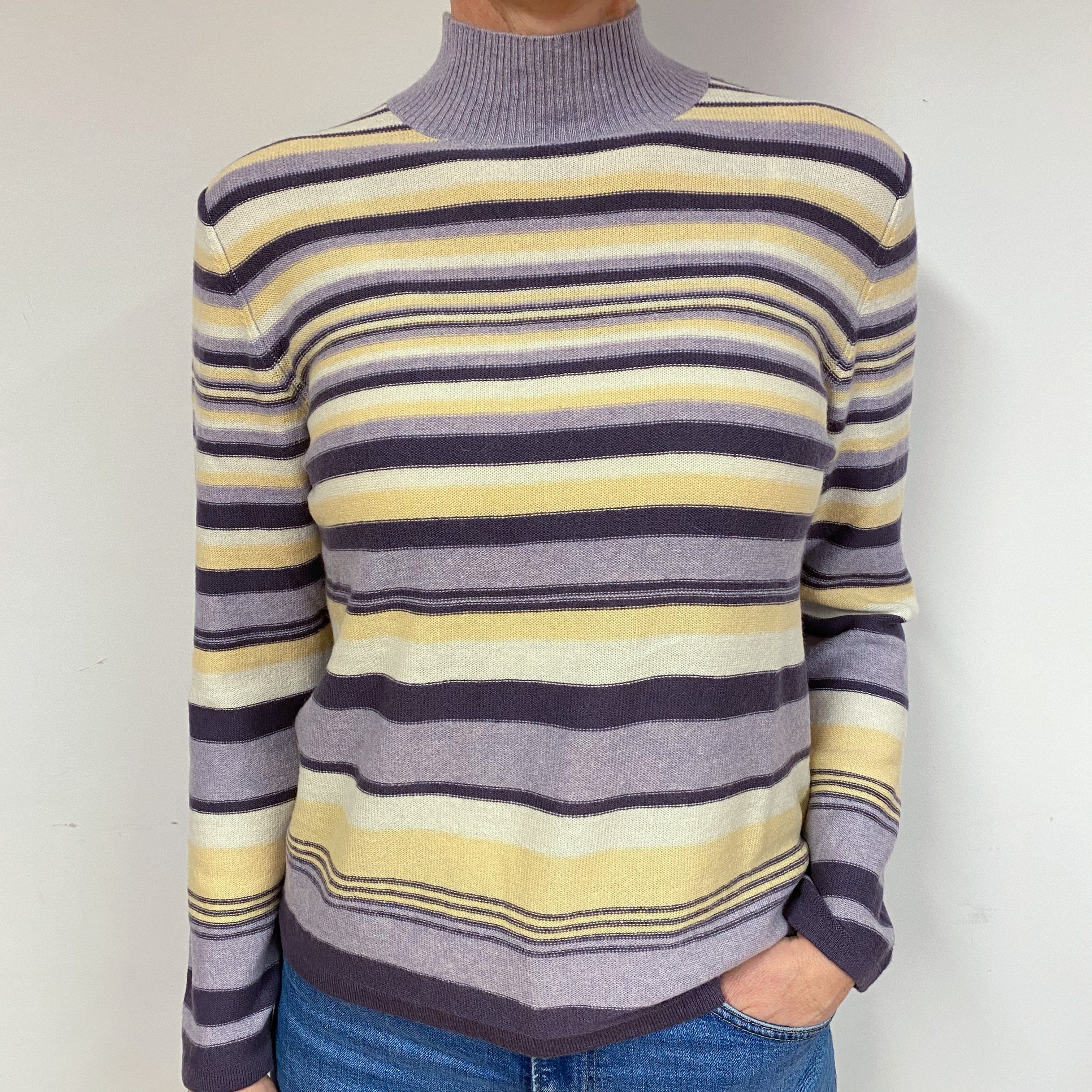 Striped Cashmere Polo Neck Jumper Medium
