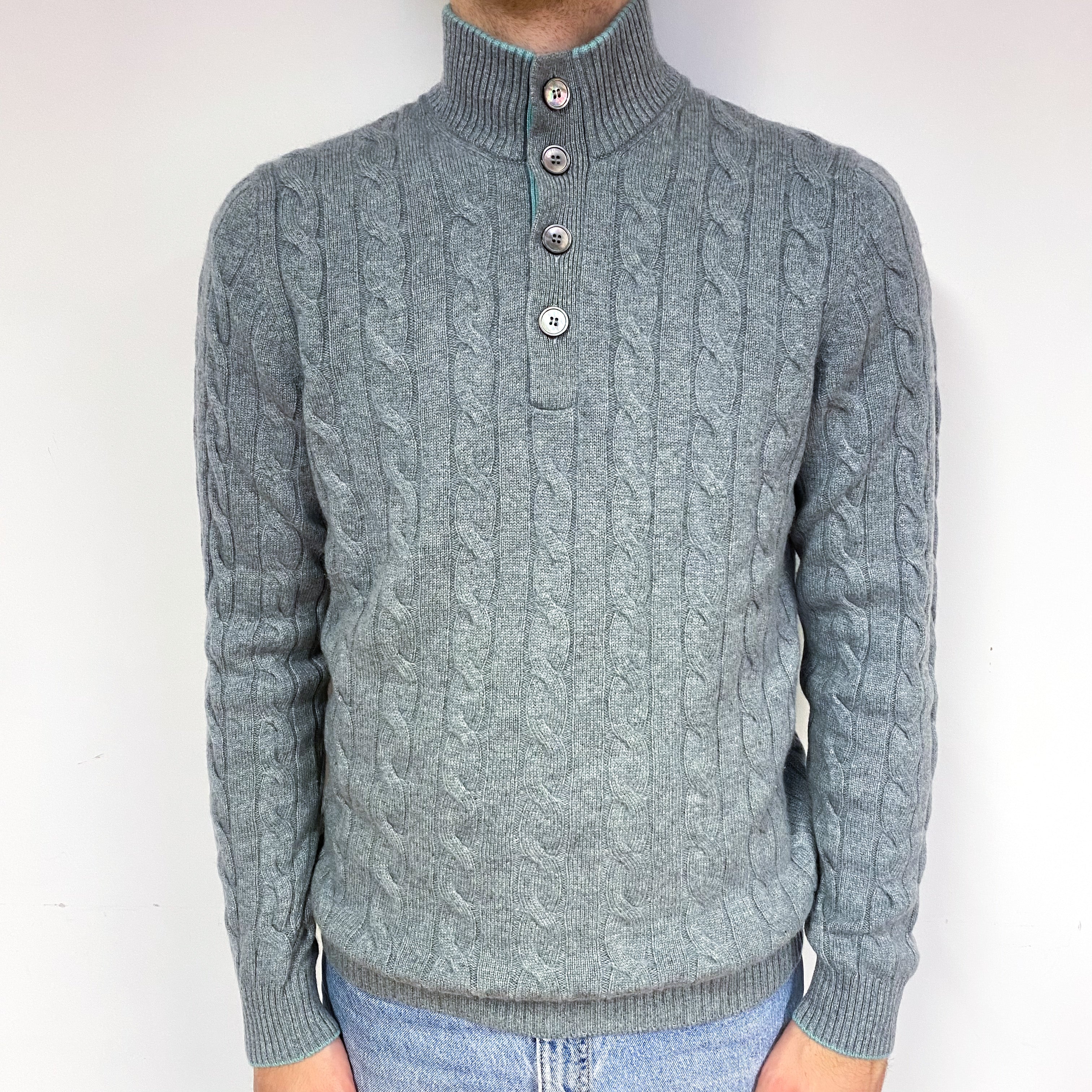 Men's Italian Green Grey Cashmere 1/4 Button Jumper Large