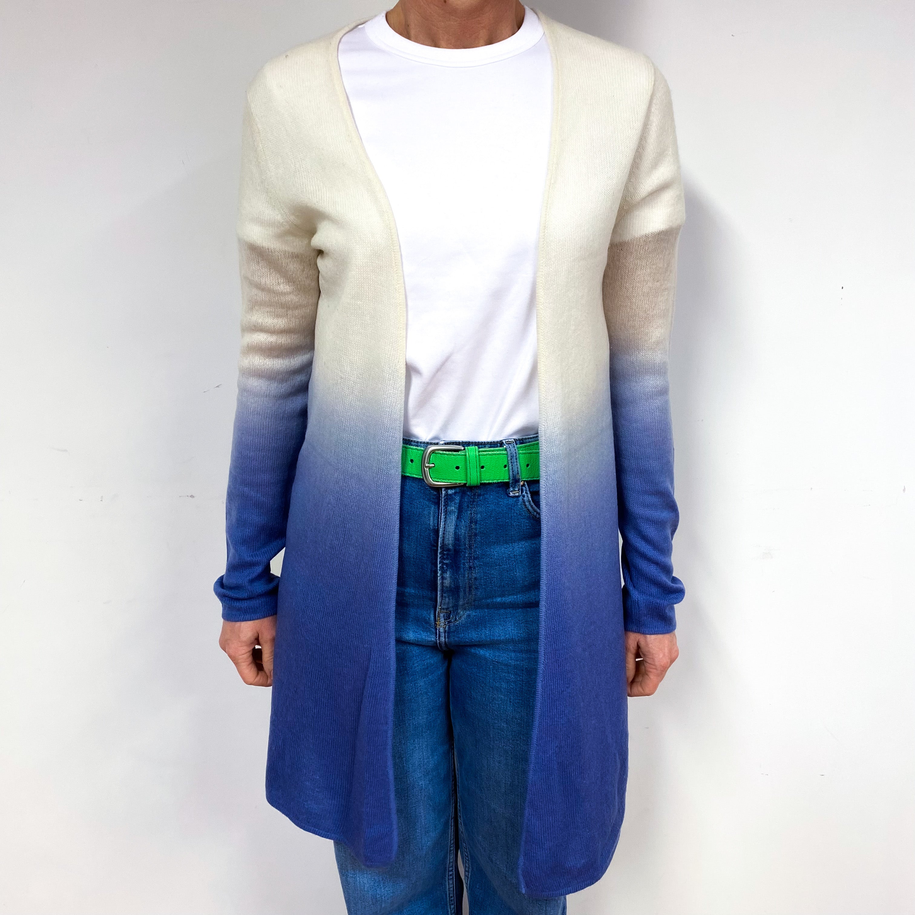 Cream Blue Ombré Cashmere Lightweight Cardigan Medium