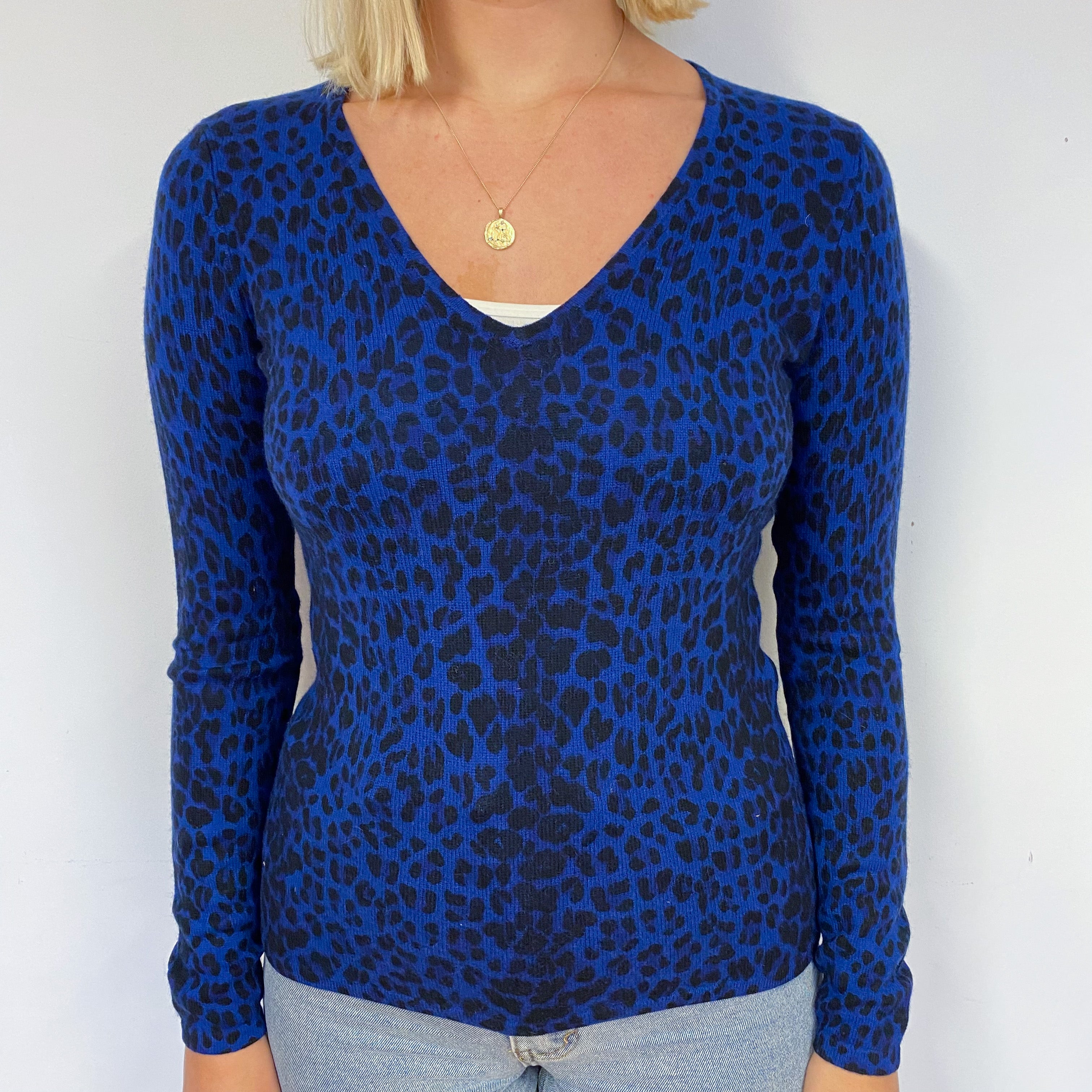 Blue Black Leopard Cashmere V-Neck Jumper Small