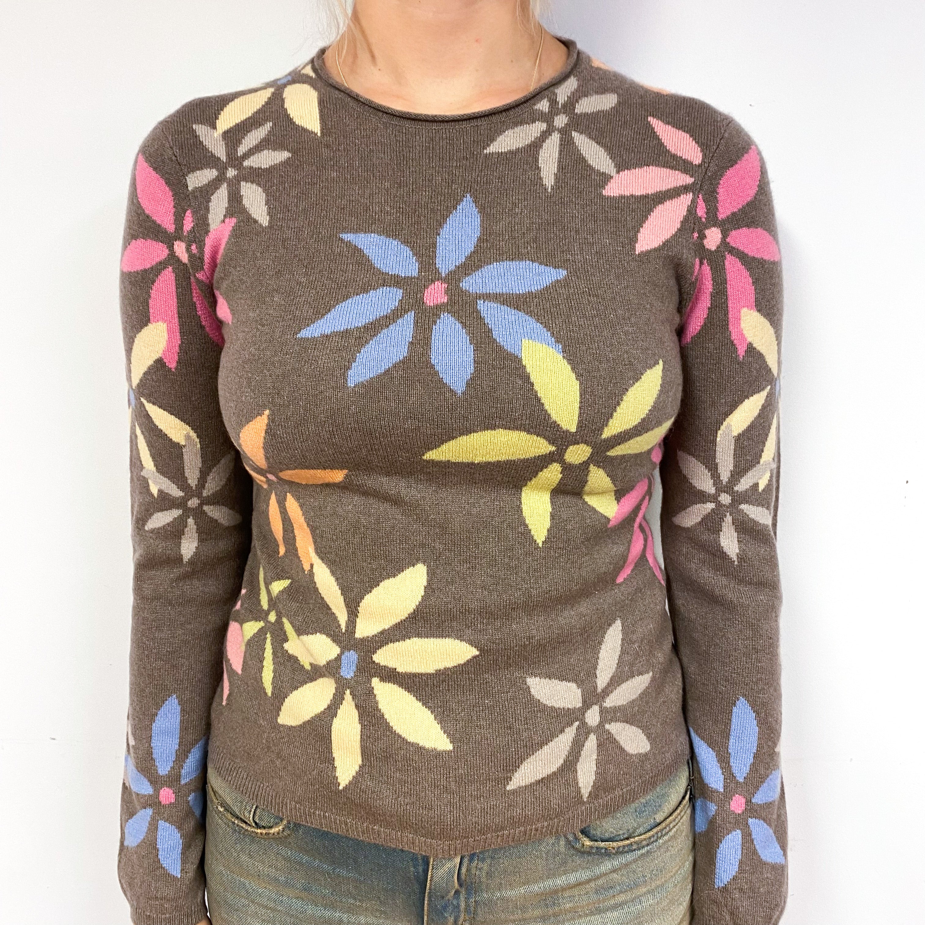 Mink Brown Floral Cashmere Crew Neck Jumper Small
