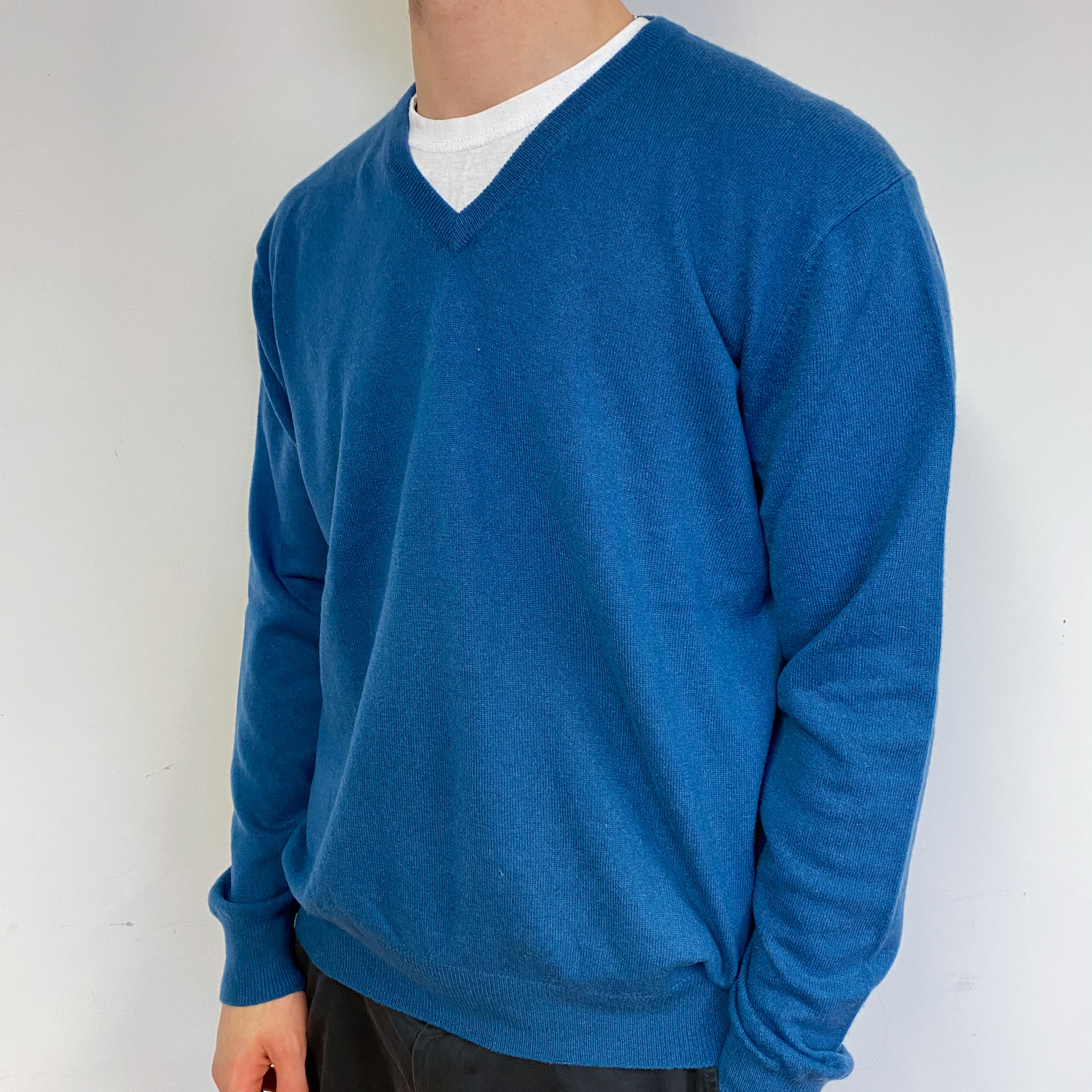 Men's Petrol Blue Cashmere V-Neck Jumper Large