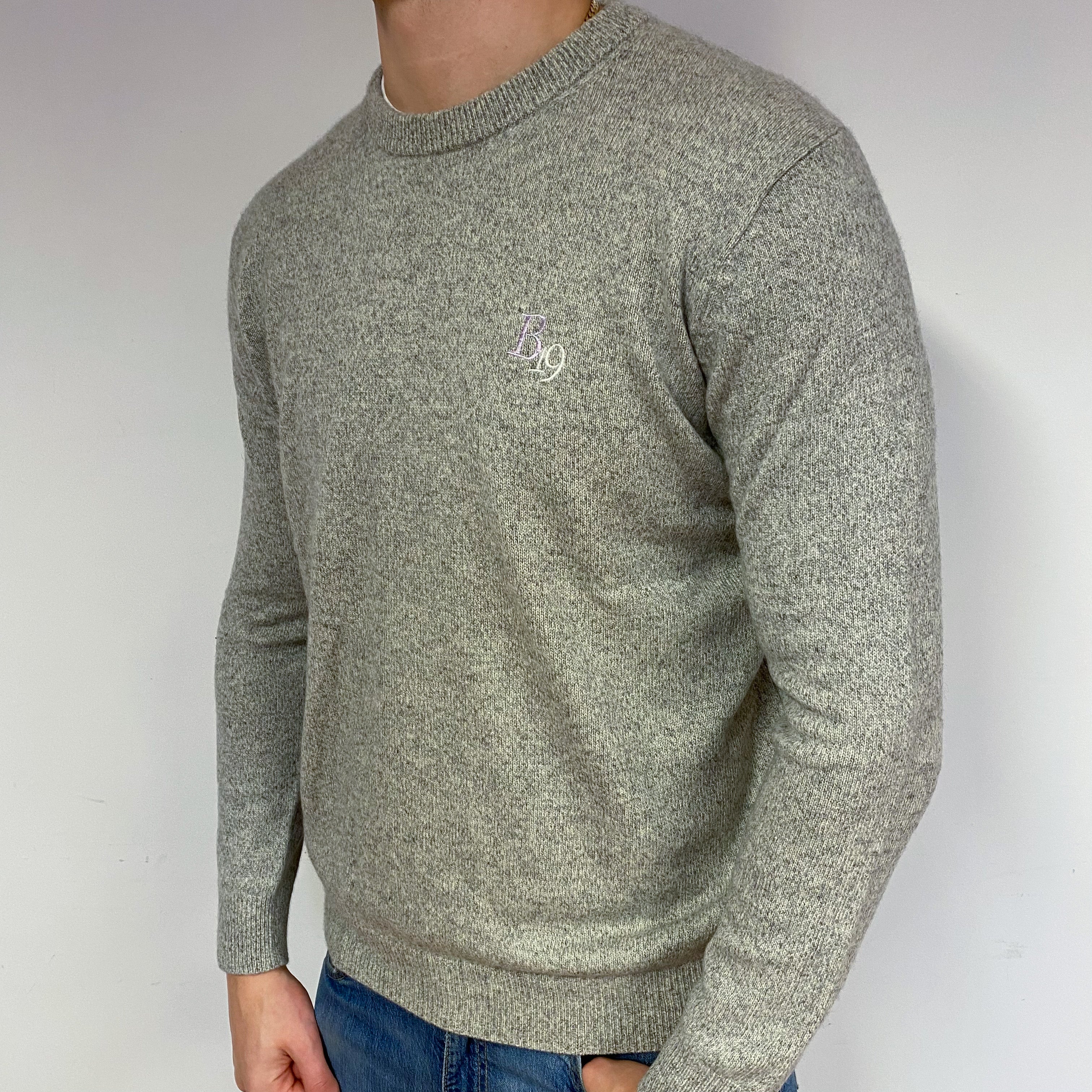 Men's Pale Grey Marl Golf Cashmere Crew Neck Jumper XXL