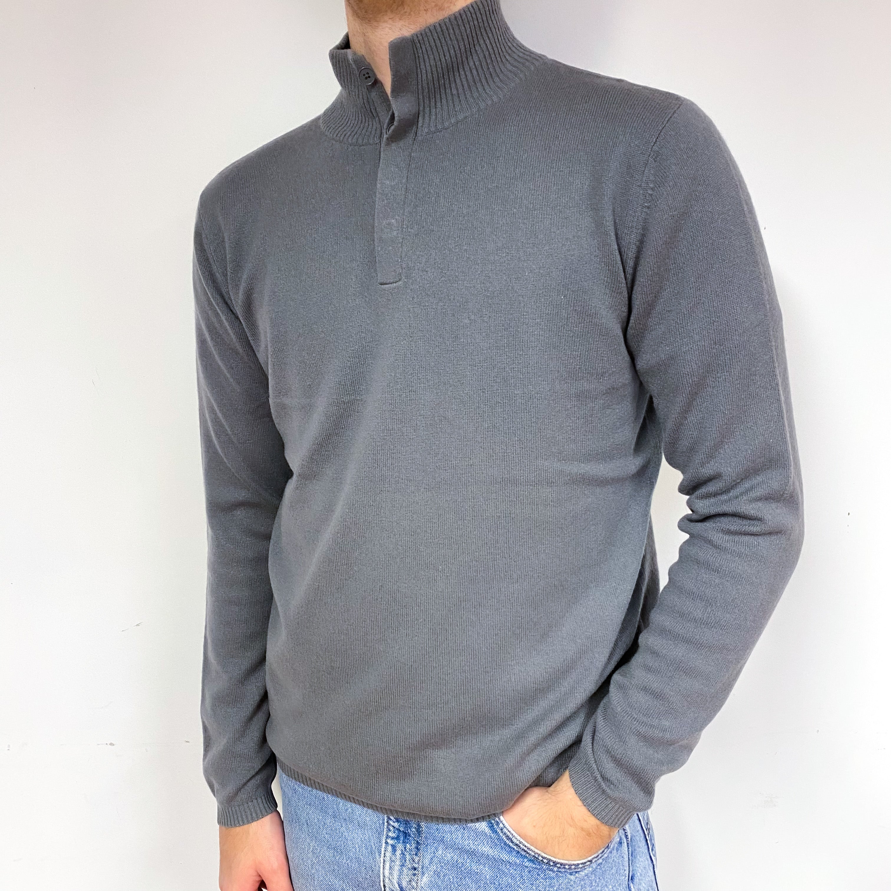 Men's Steel Grey Cashmere 1/4 Button Jumper Large