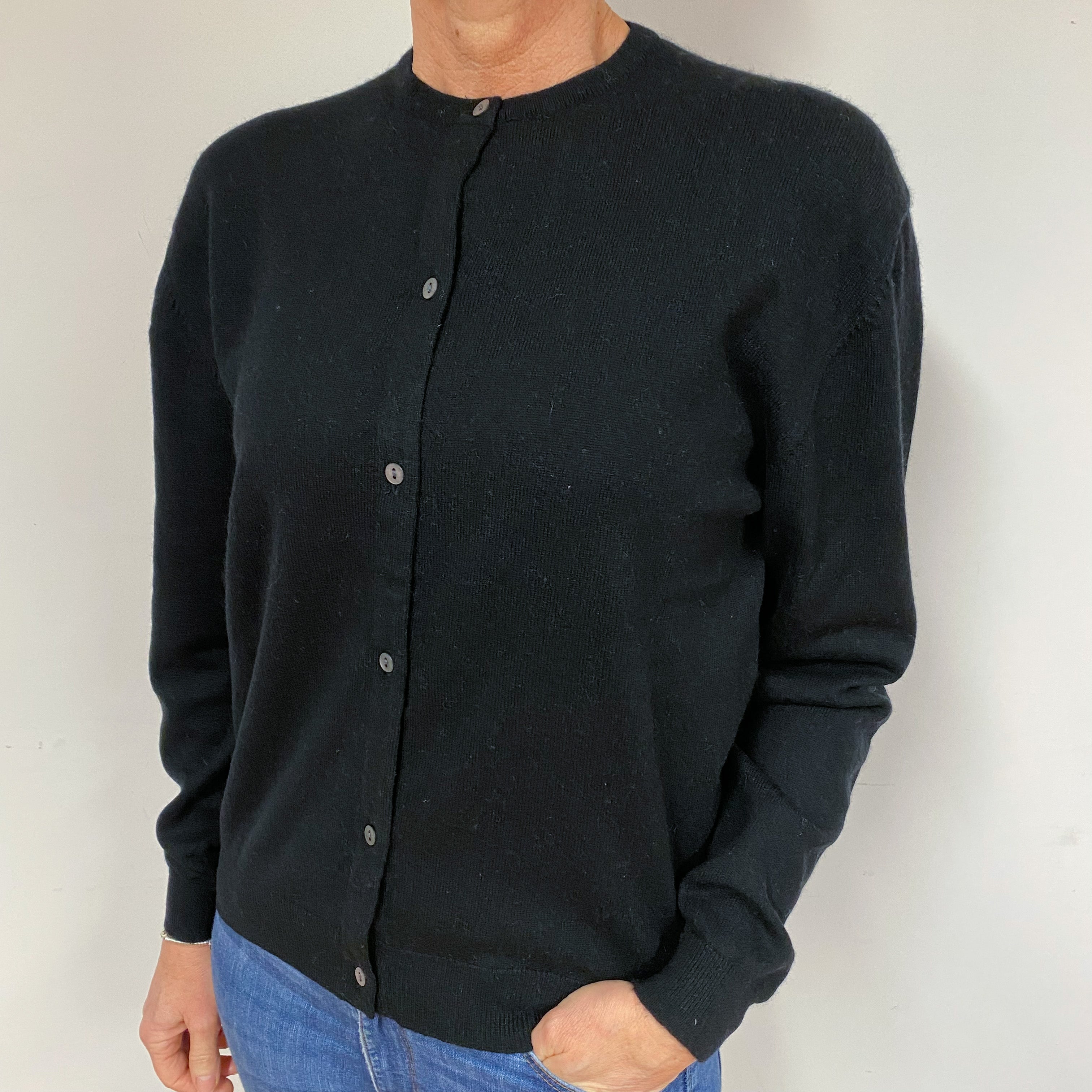 Black Cashmere Crew Neck Cardigan Medium