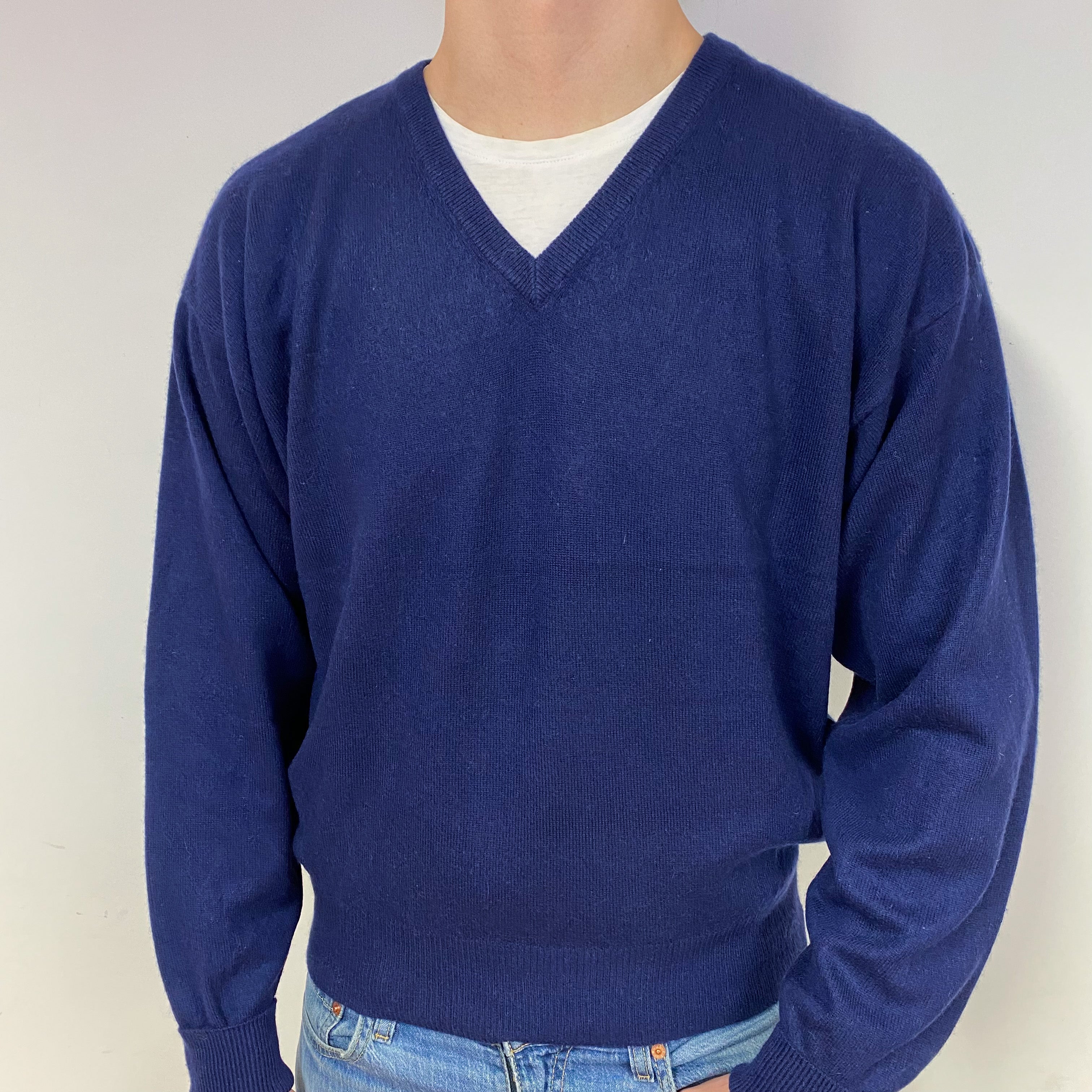 Men's Navy Blue Cashmere V-Neck Jumper Extra Large