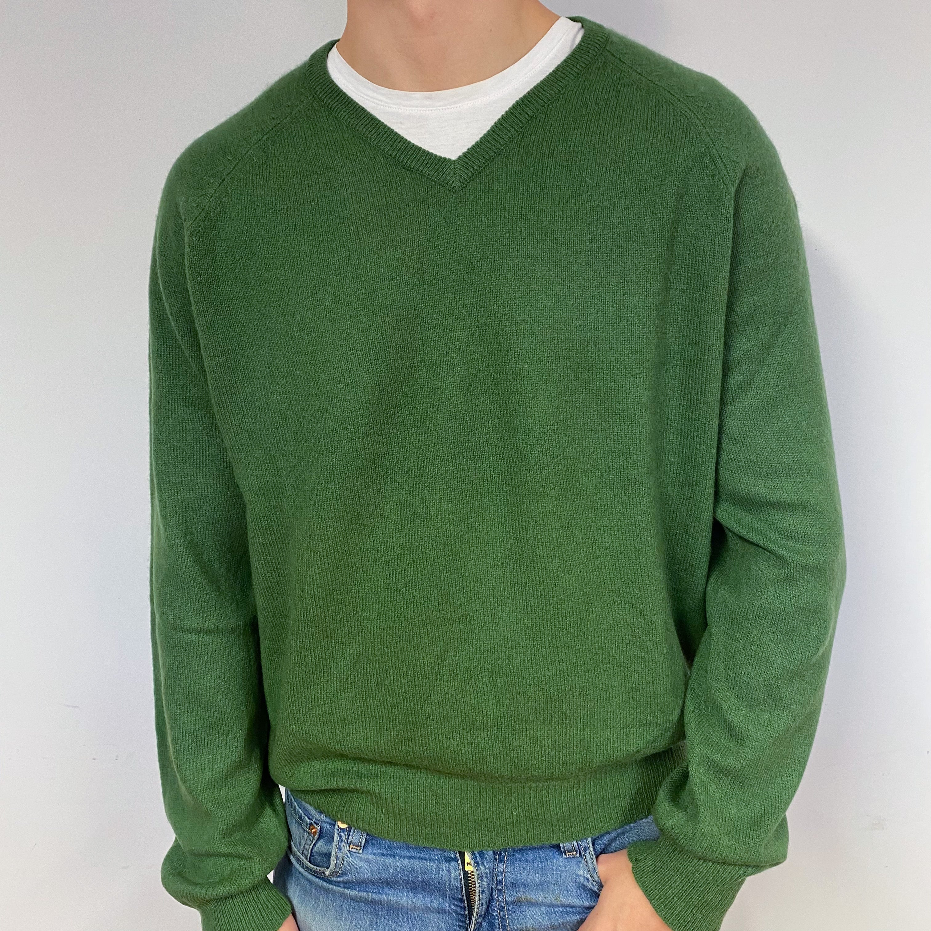 Men's Fern Green Cashmere V-Neck Jumper Extra Extra Large
