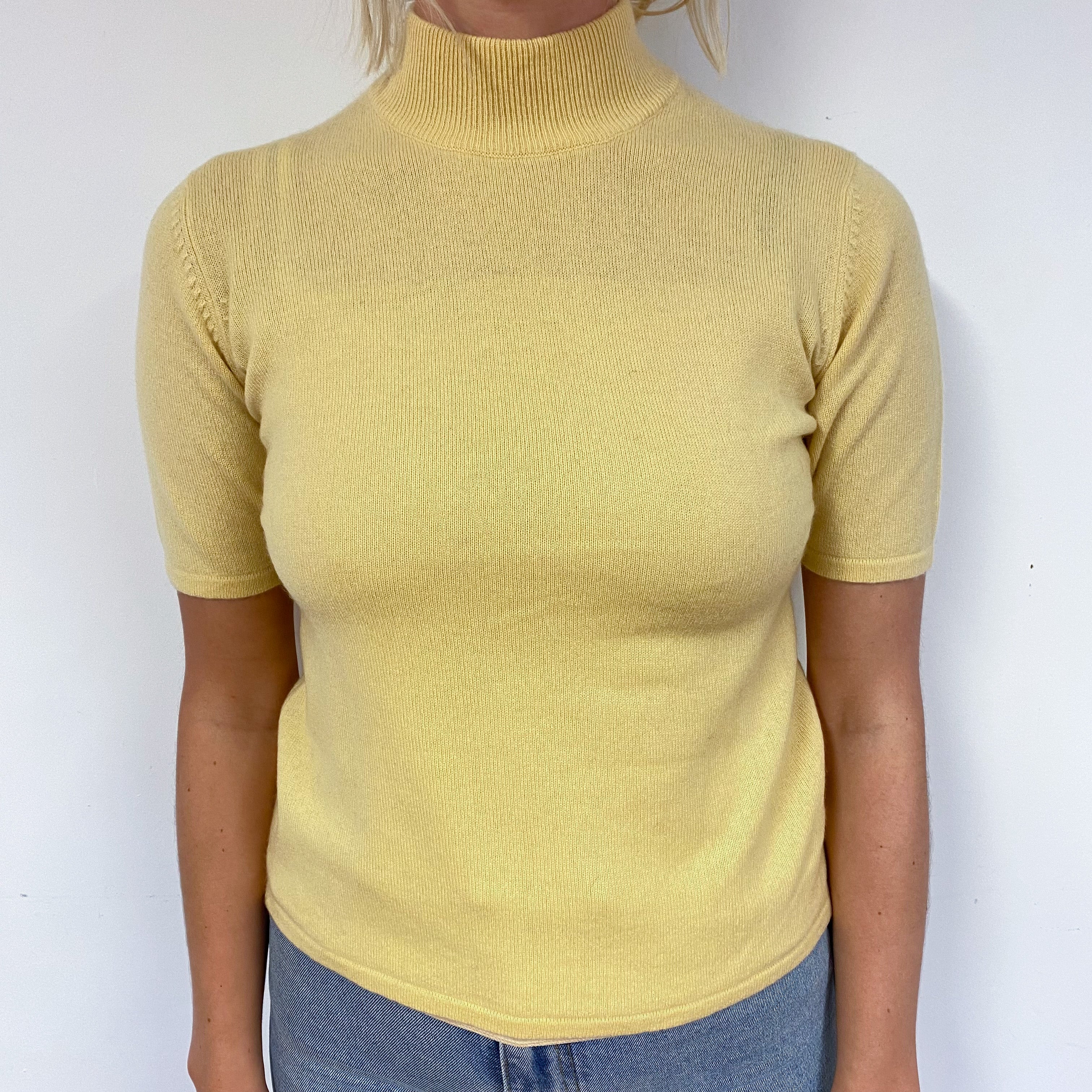 Yellow Short Sleeve Cashmere Turtle Neck Jumper Small