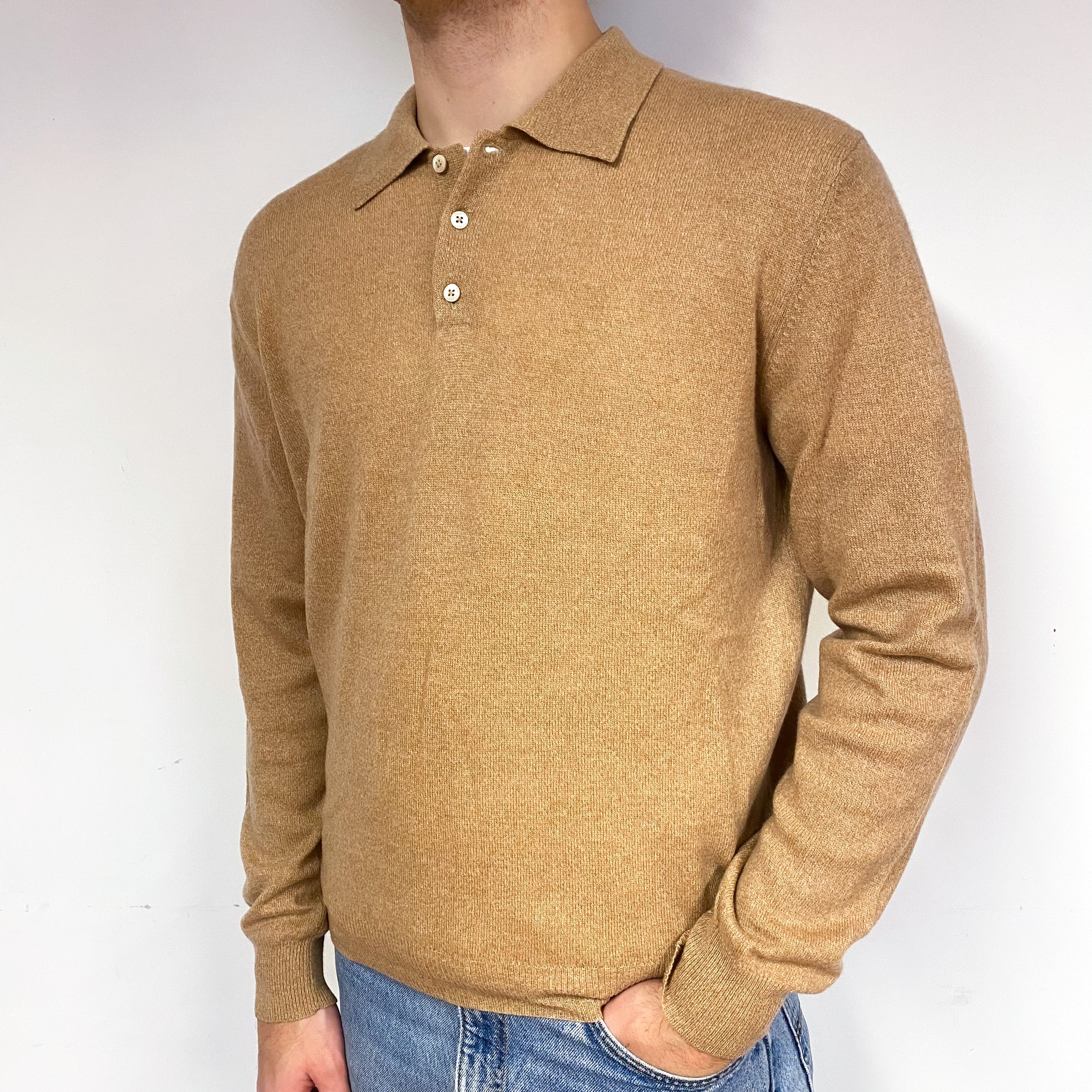 Men's Butterscotch Brown Cashmere Collared Jumper Large