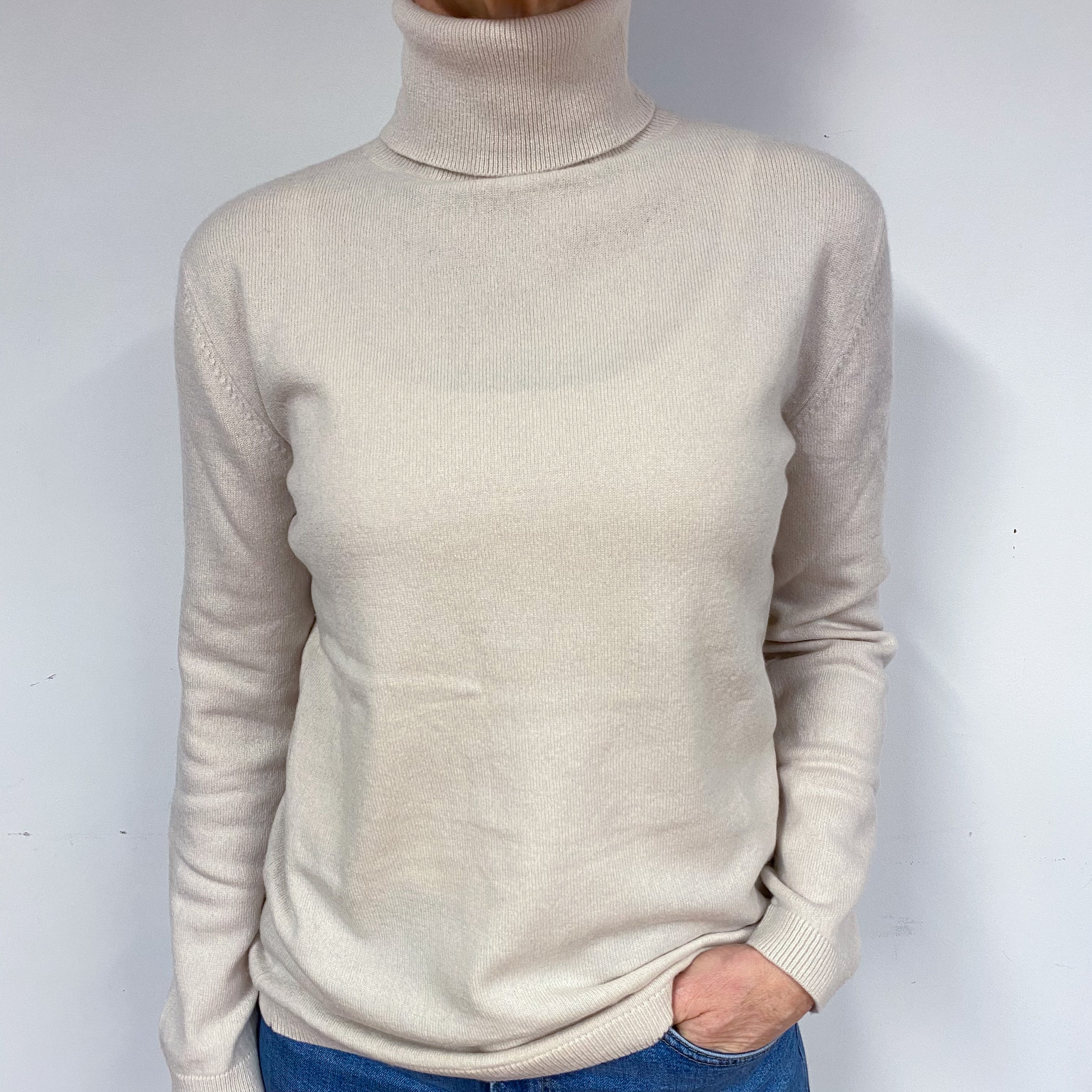 Ivory Cream Cashmere Polo Neck Jumper Medium