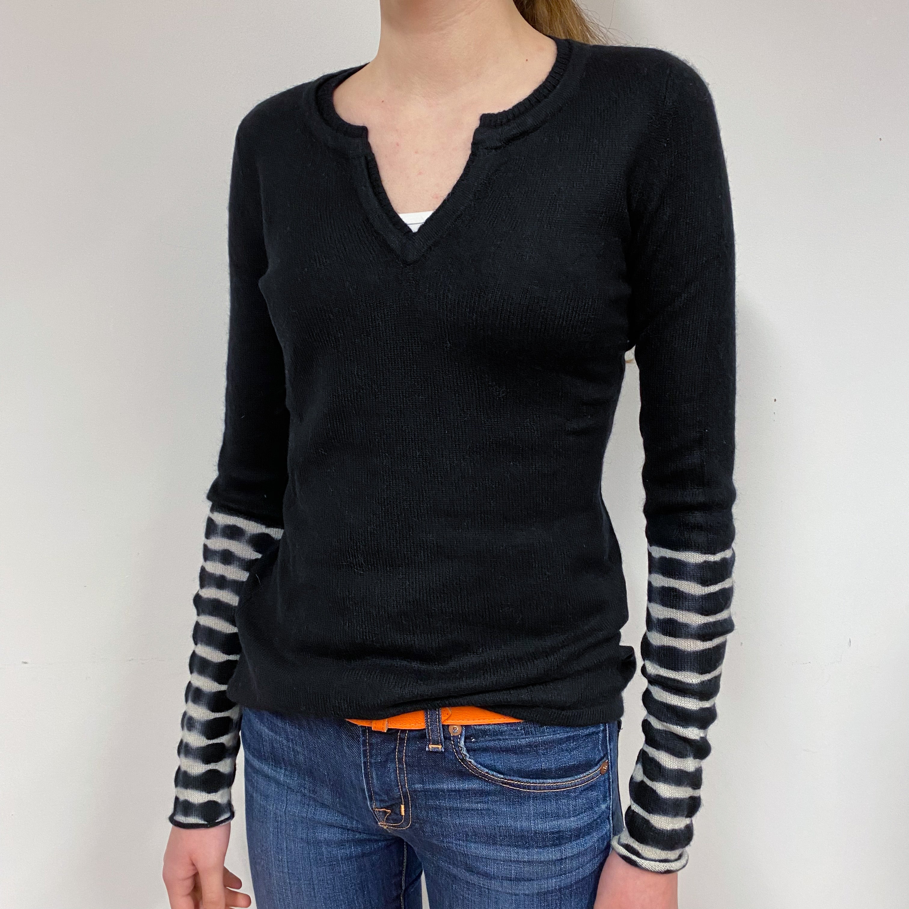 Black Striped Sleeve Cashmere V-Neck Jumper Extra Small
