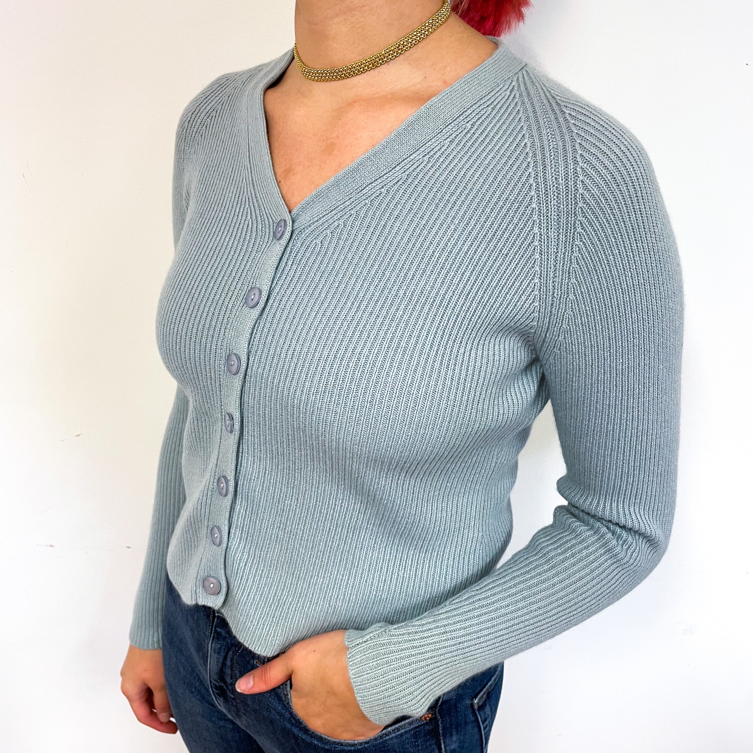 Opal Green Ribbed Cashmere V-Neck Cardigan Small
