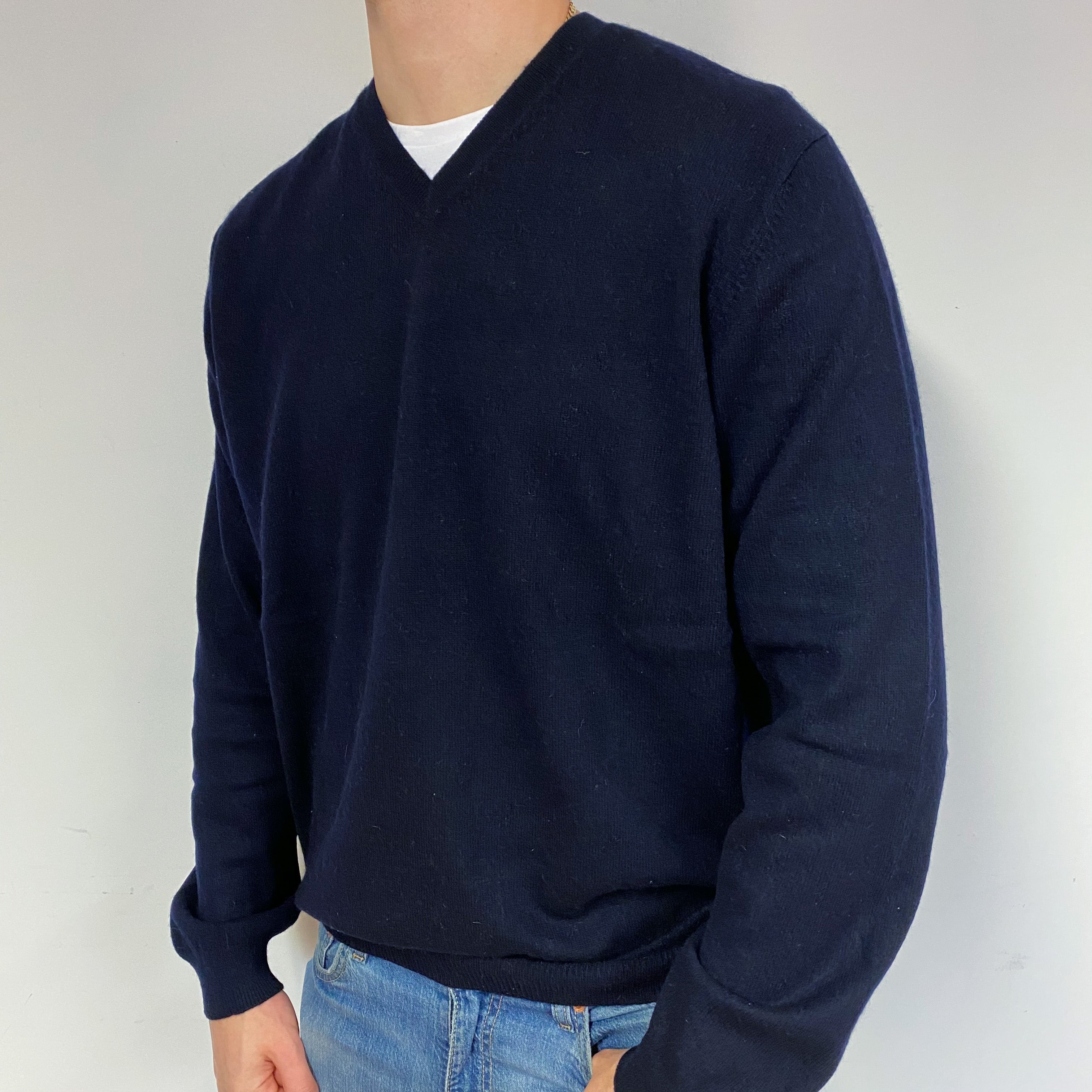 Men's Navy Blue Cashmere V-Neck Jumper XXL Tall