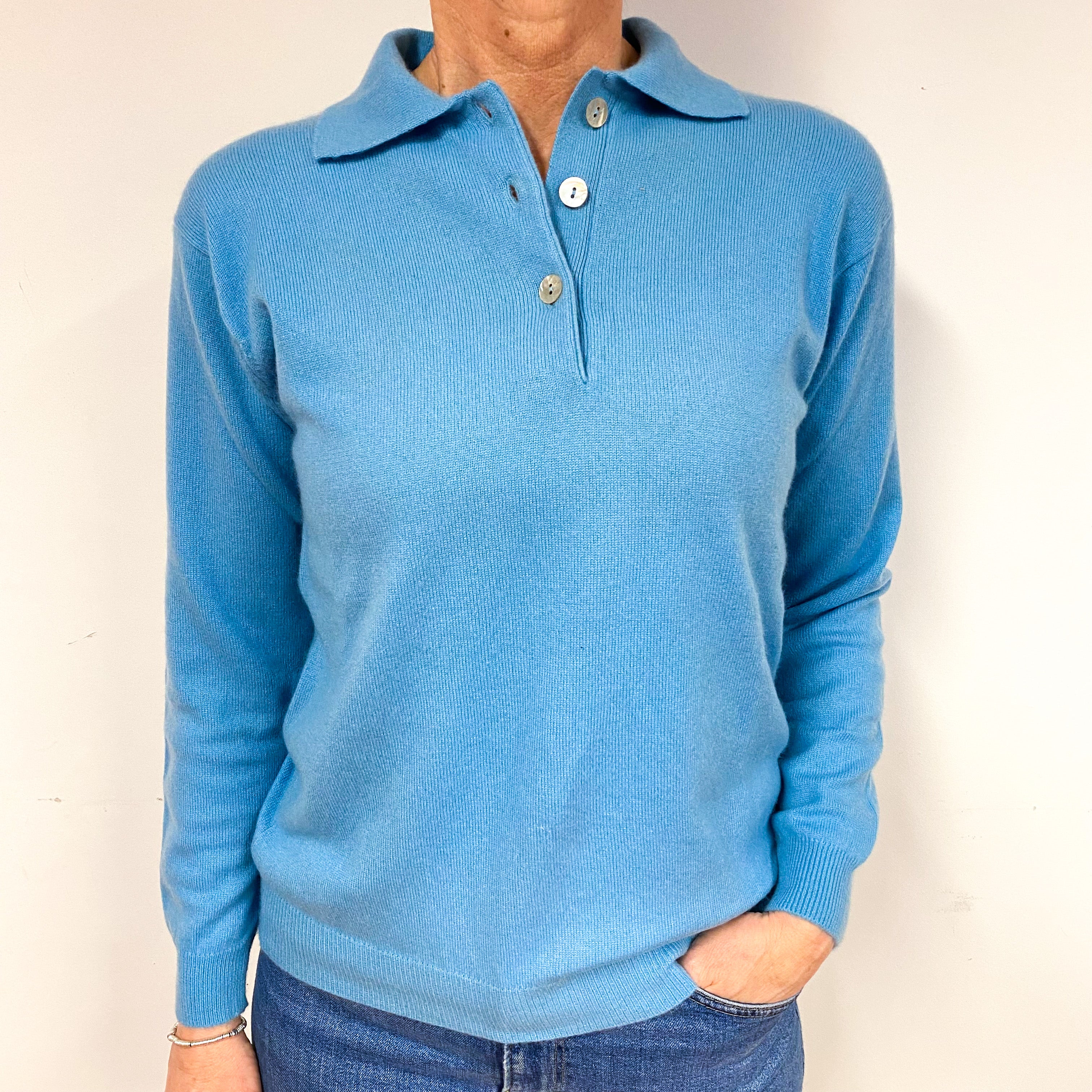 Ocean Blue Collared Cashmere 1/4 Button Jumper Medium
