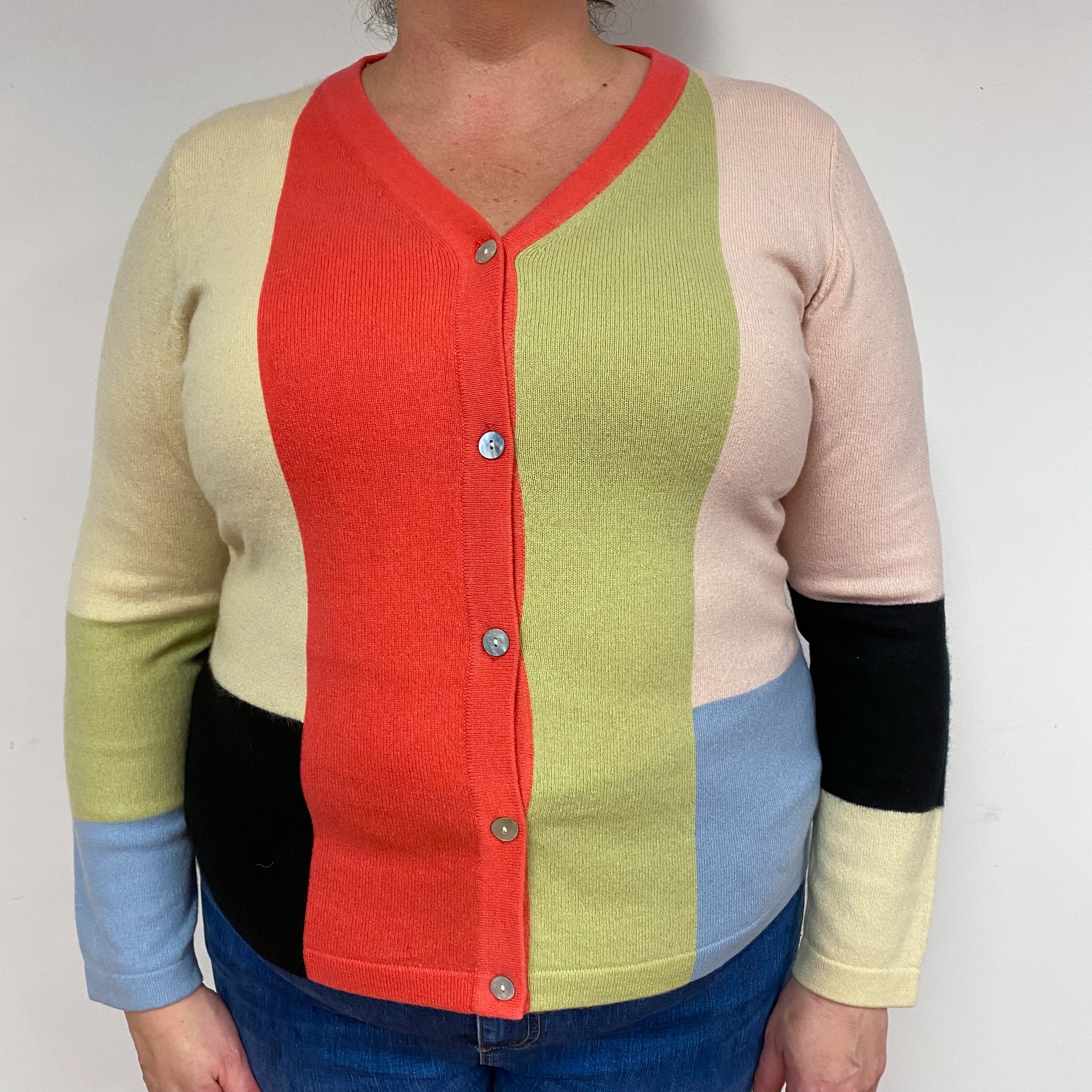 Pink Green Colour Block Cashmere V-Neck Cardigan Extra Large