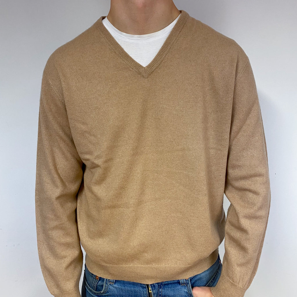 Men's Caramel Brown Cashmere V-Neck Jumper Extra Large