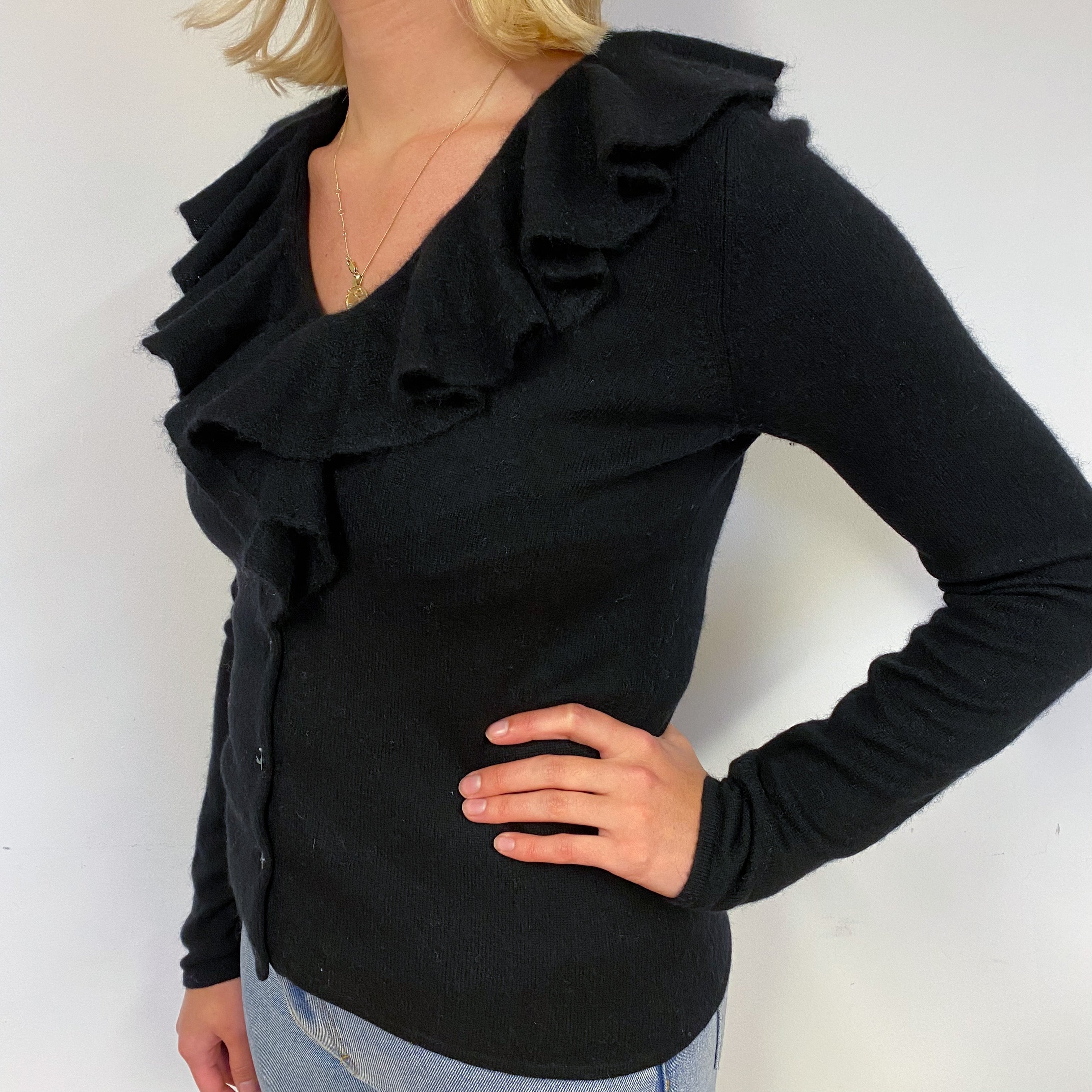 Black Ruffle Cashmere V-Neck Cardigan Small