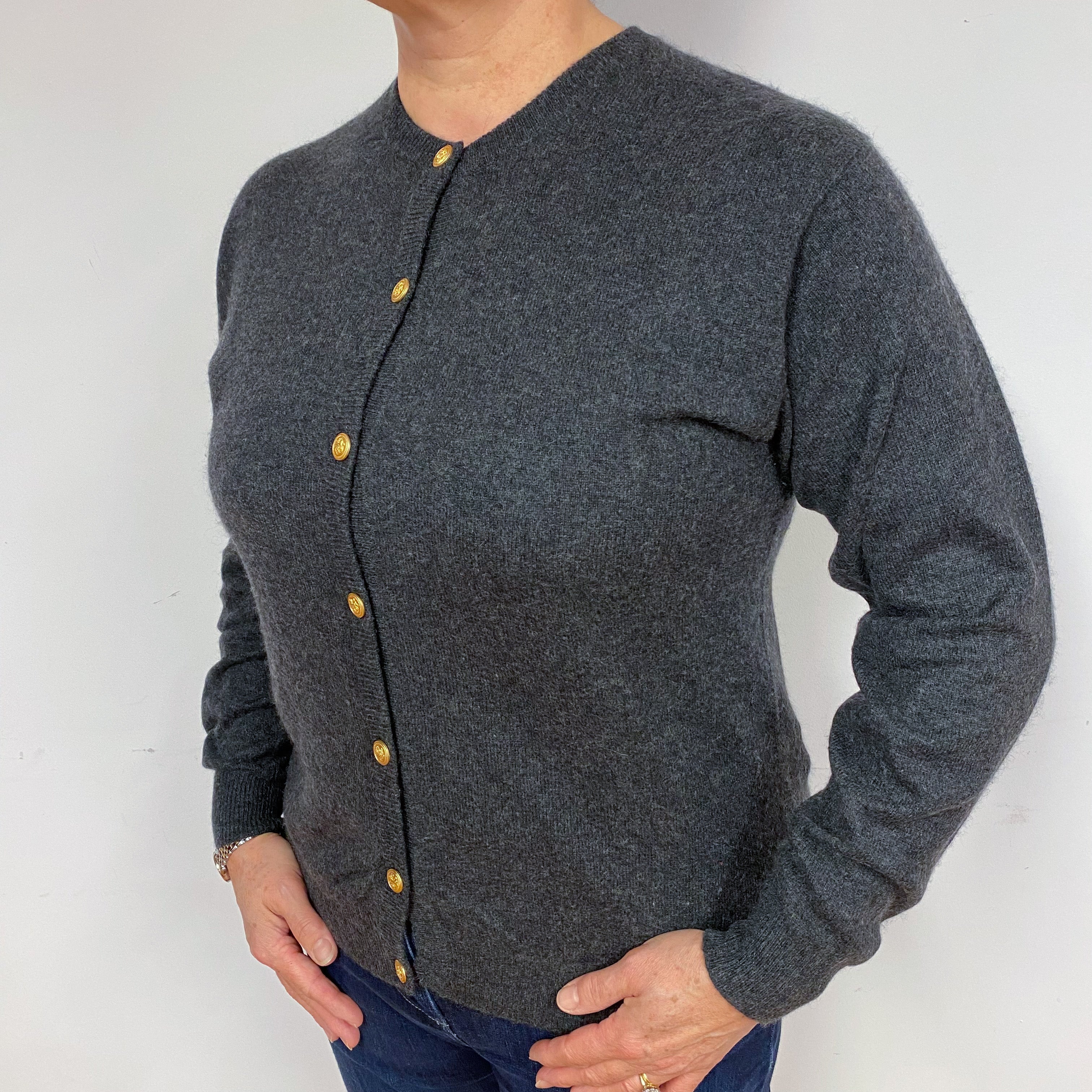 Charcoal Grey Cashmere Crew Neck Cardigan Large