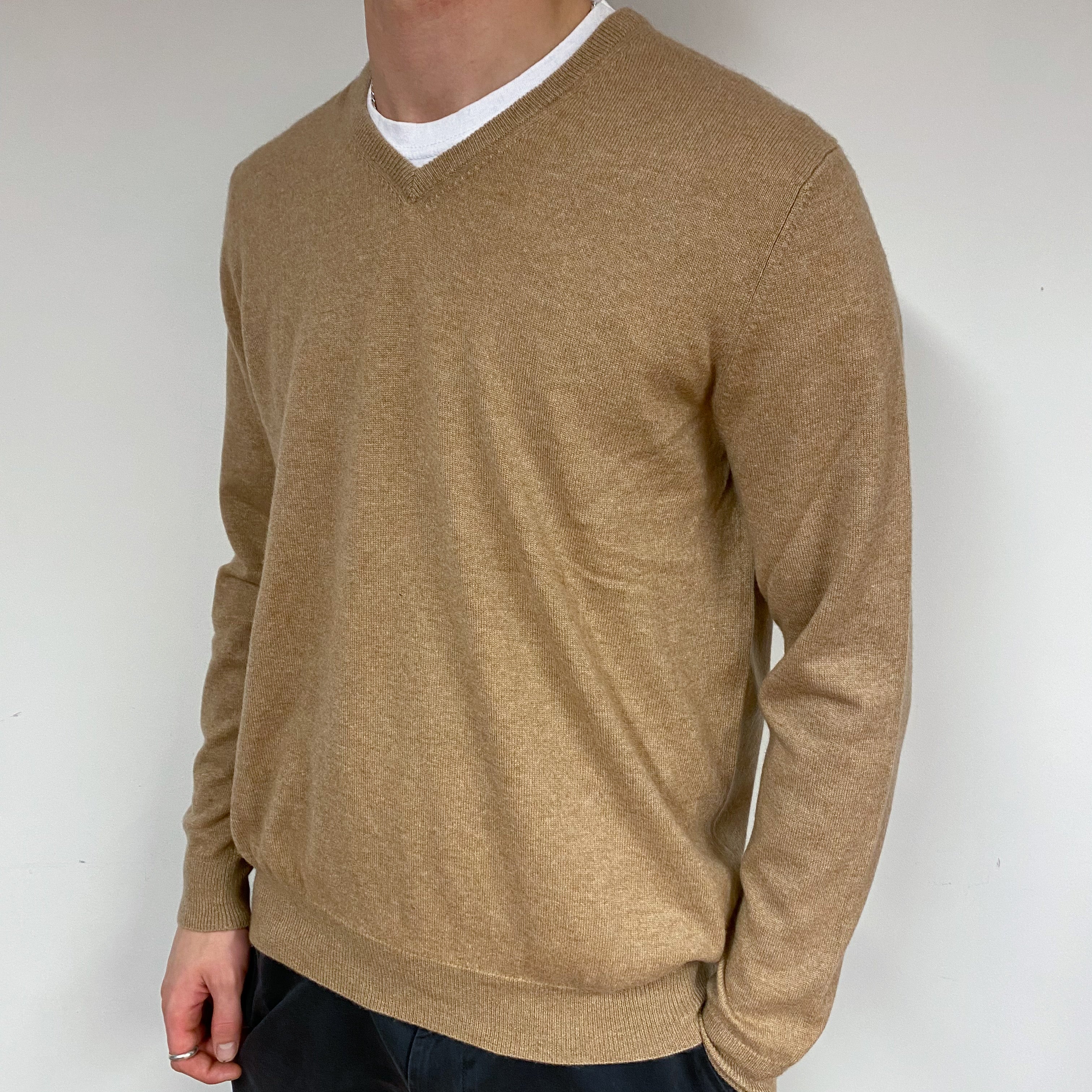 Men's Camel Cashmere V-Neck Jumper Large