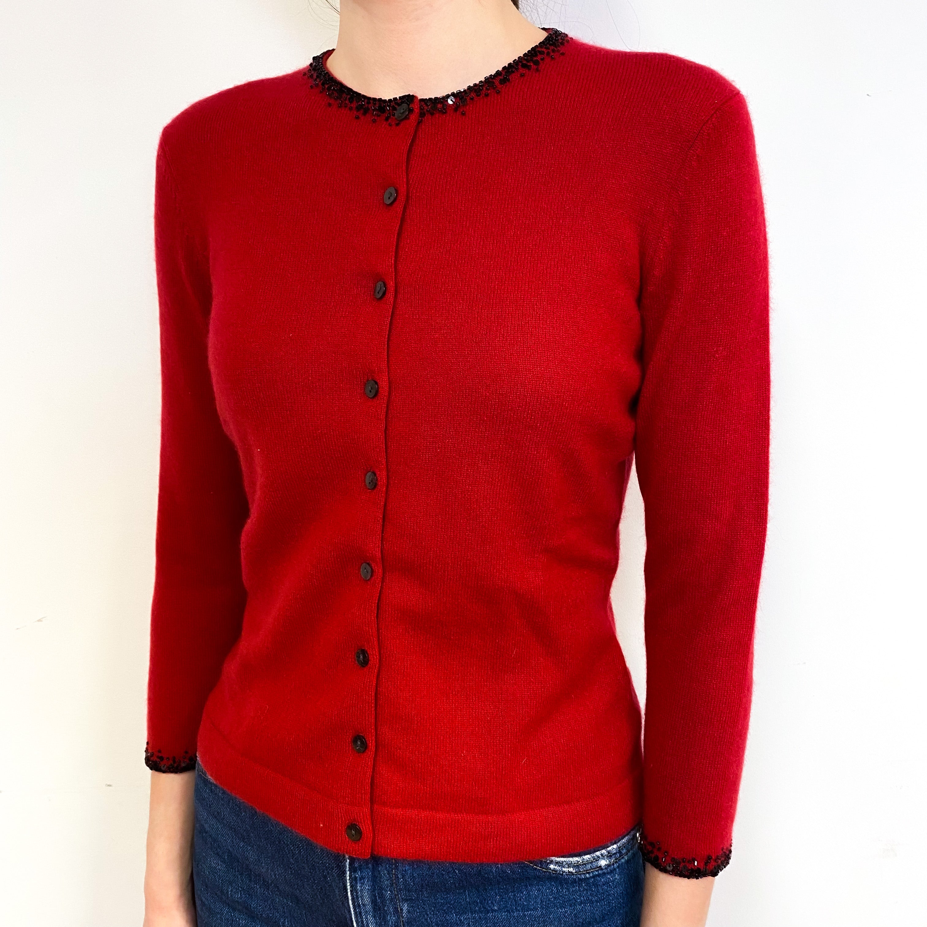 Red Embellished Cashmere Crew NeckCardigan Extra Small