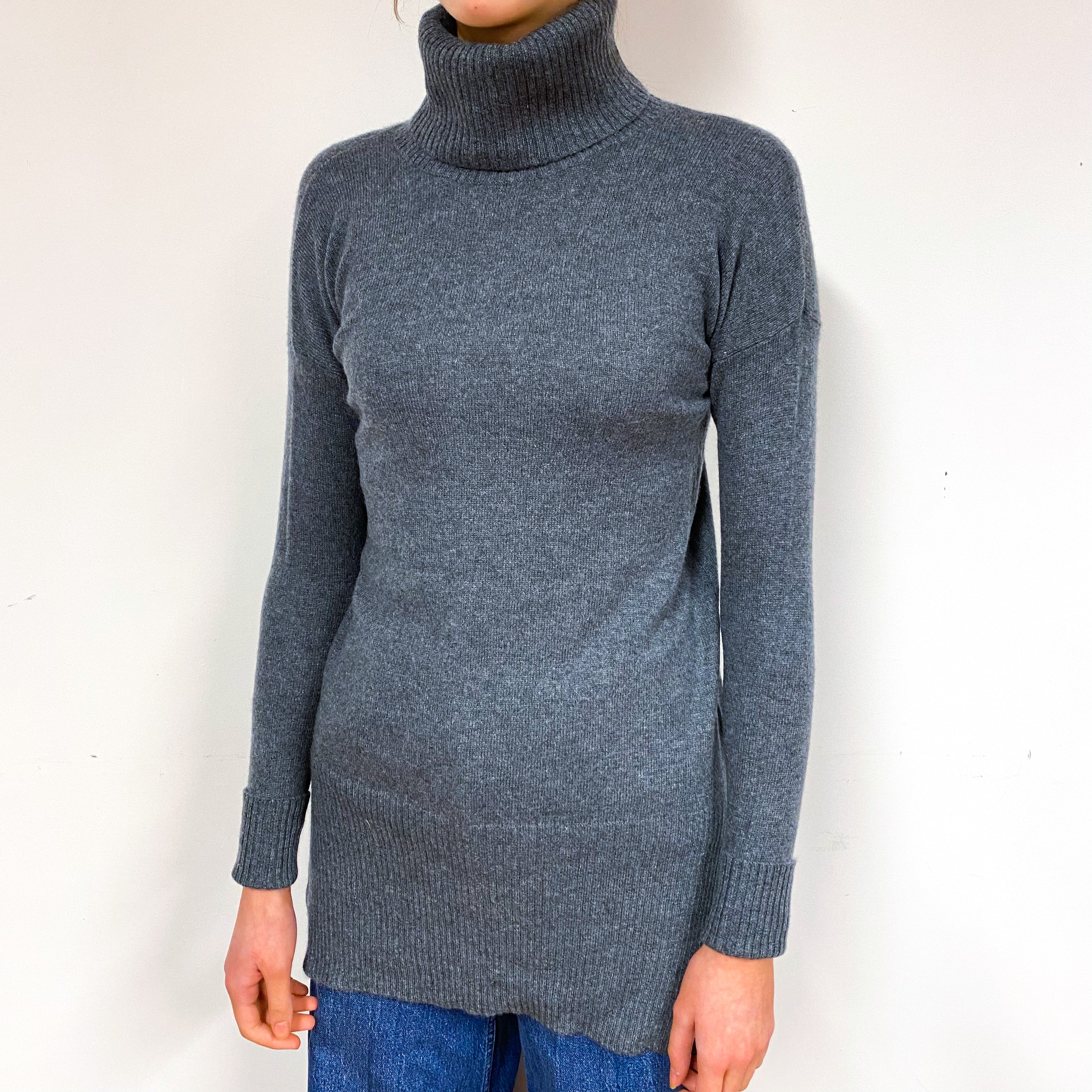 Slate Grey Longline Cashmere Polo Neck Jumper Extra Small