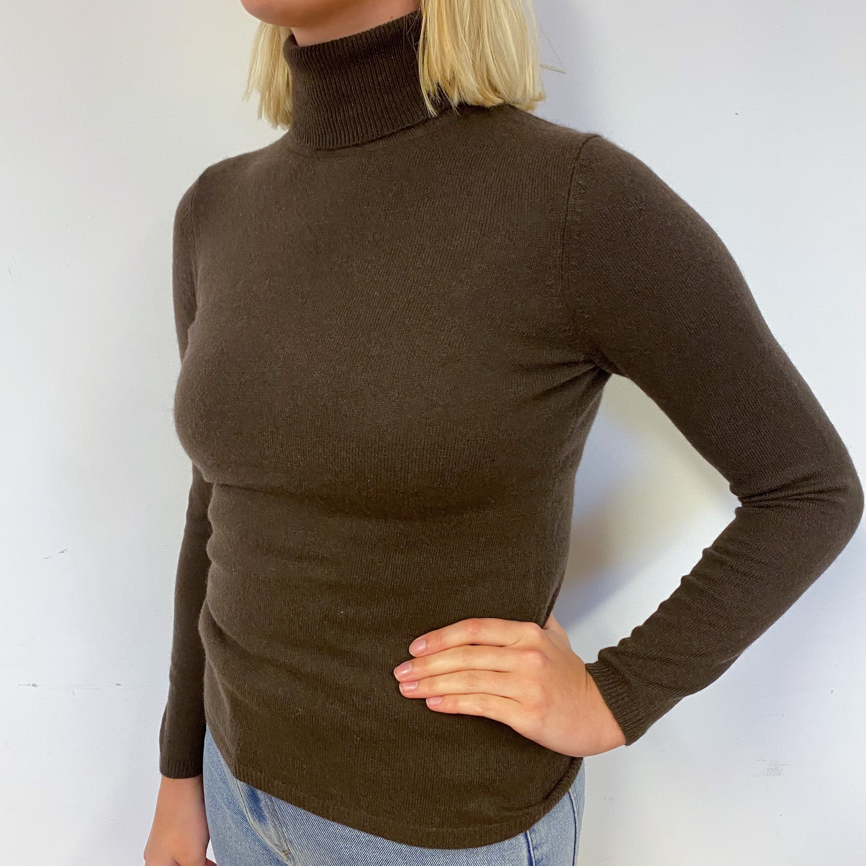 Dark Chocolate Brown Cashmere Polo Neck Jumper Small