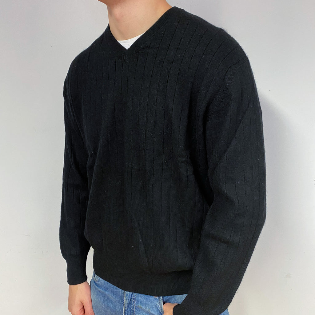 Men's Black Ribbed Cashmere V-Neck Jumper Extra Extra Large