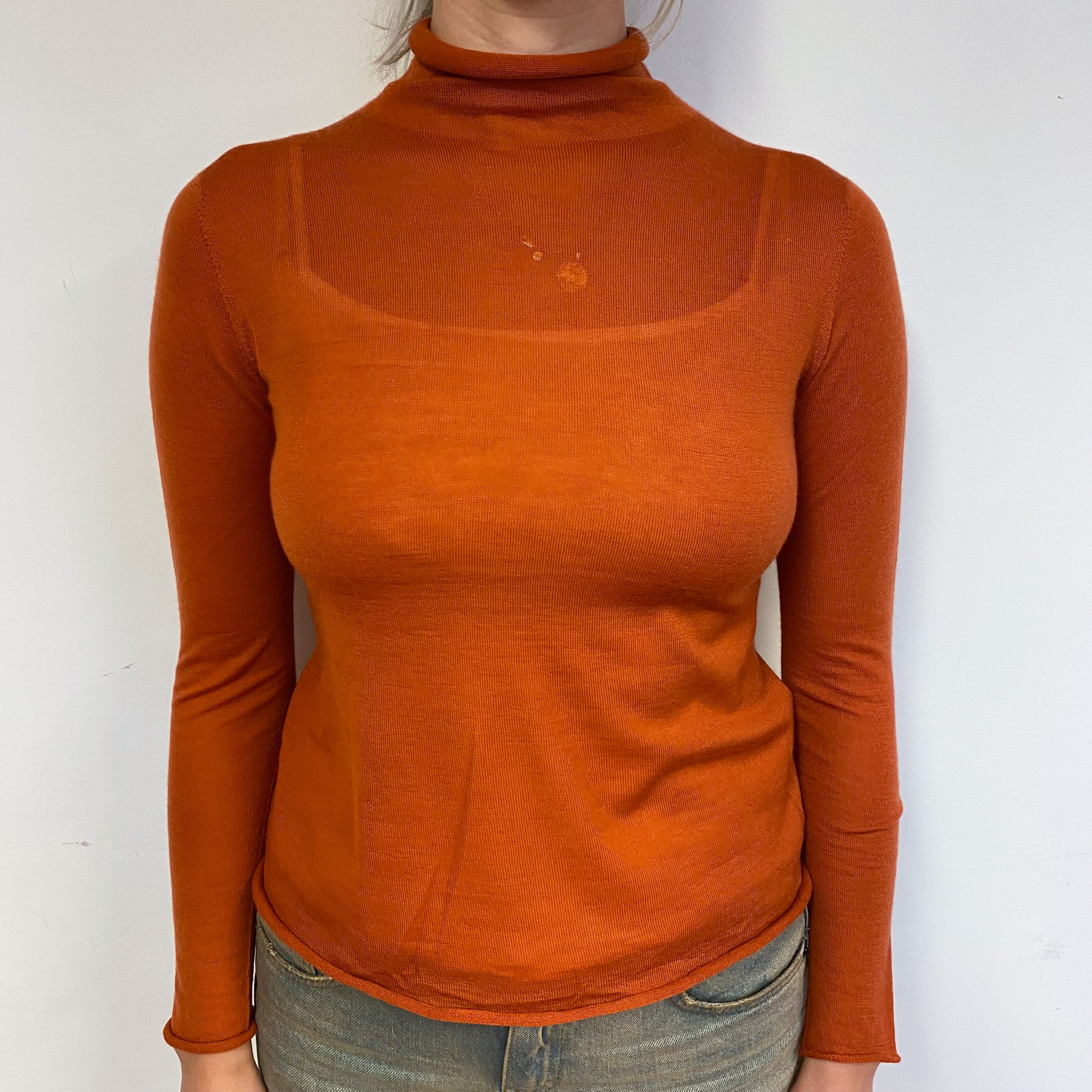 Orange Fine Knit Cashmere Turtle Neck Jumper Small