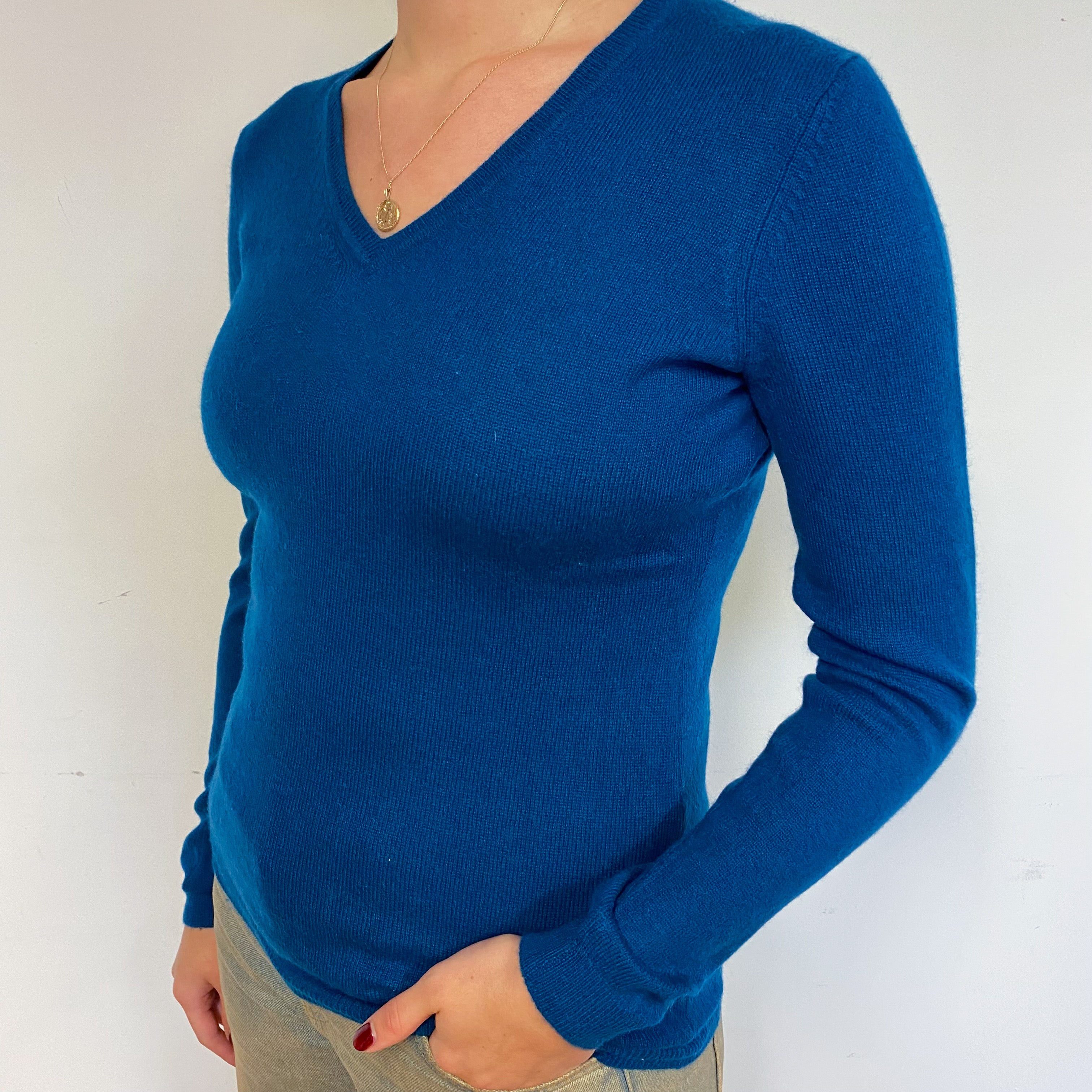 Peacock Blue Cashmere V-Neck Jumper Small