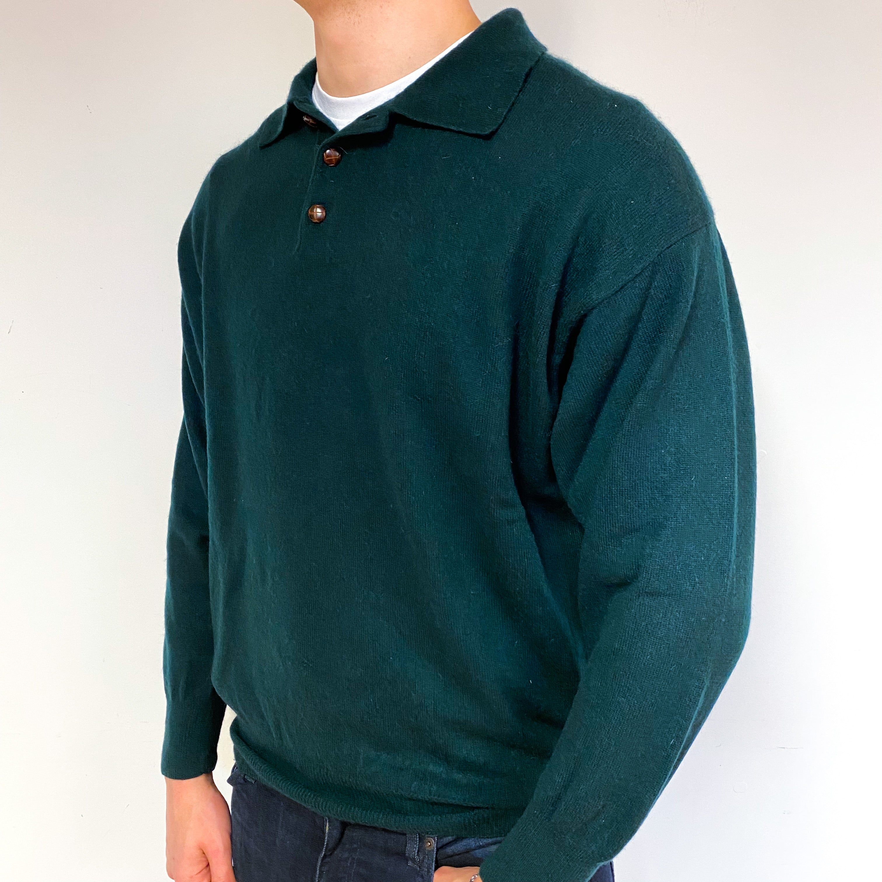 Men's Dark Green Cashmere 1/4 Button Jumper Extra Large