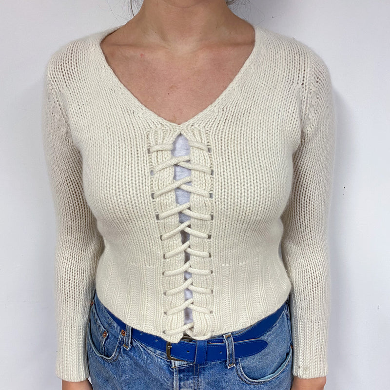 Chunky Cream Lace Up Cashmere V-Neck Jumper Small