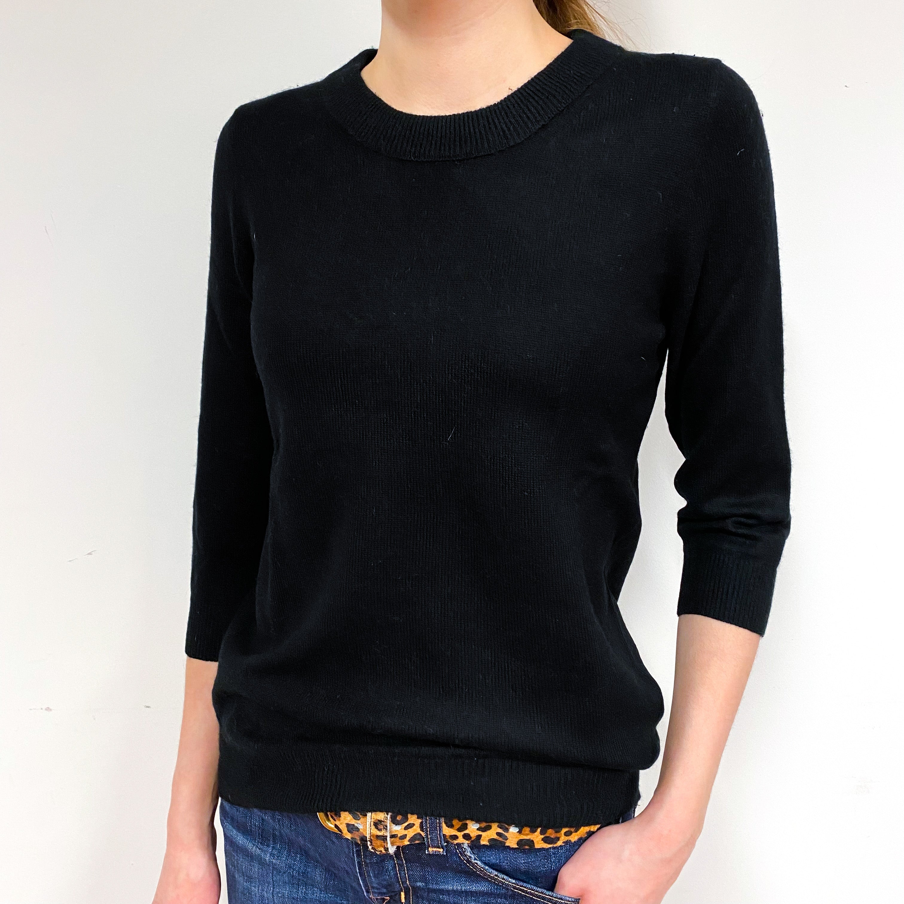 Black 3/4 Sleeve Cashmere Crew Neck Jumper Extra Small