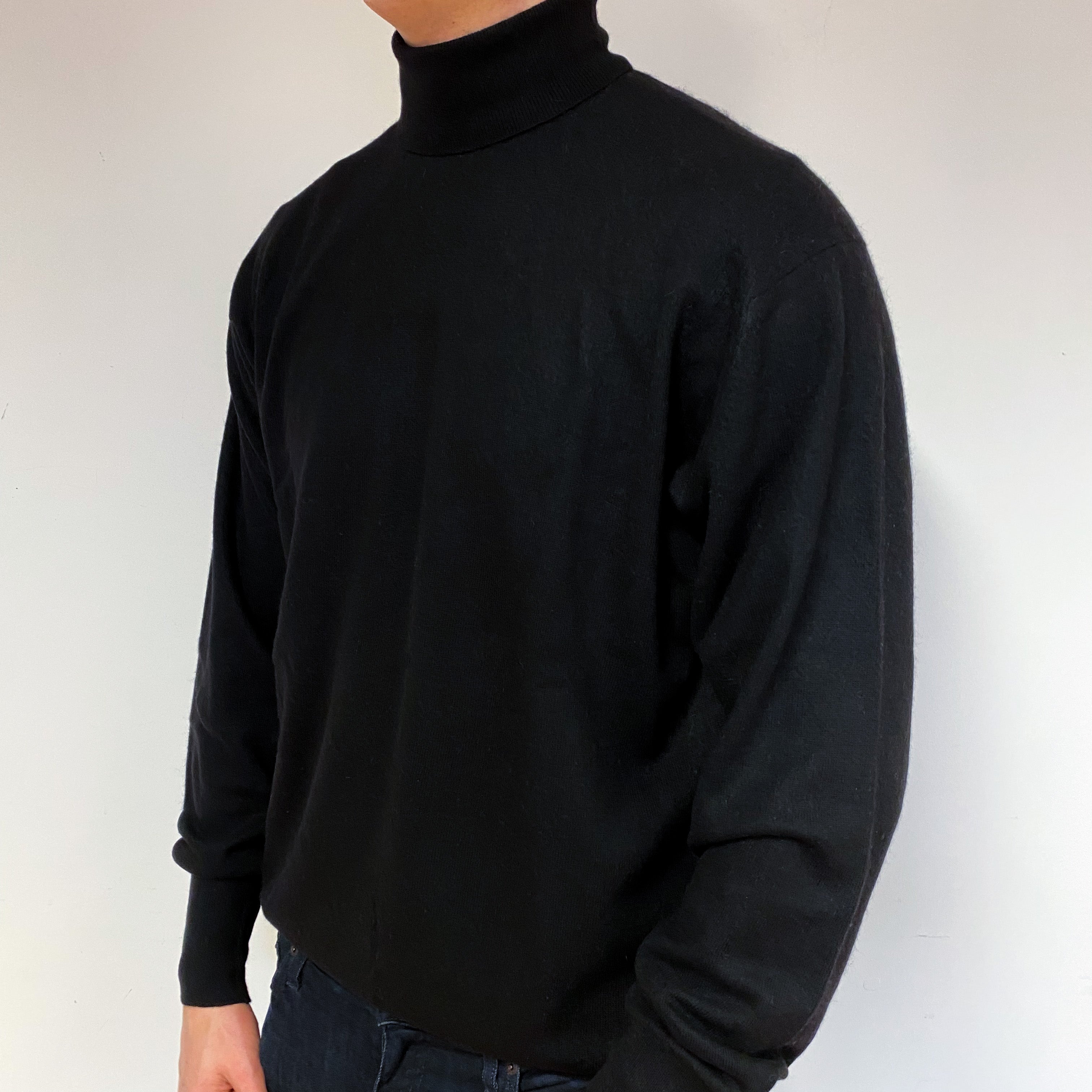 Men's Vintage Black Cashmere Polo Neck Jumper Extra Extra Large