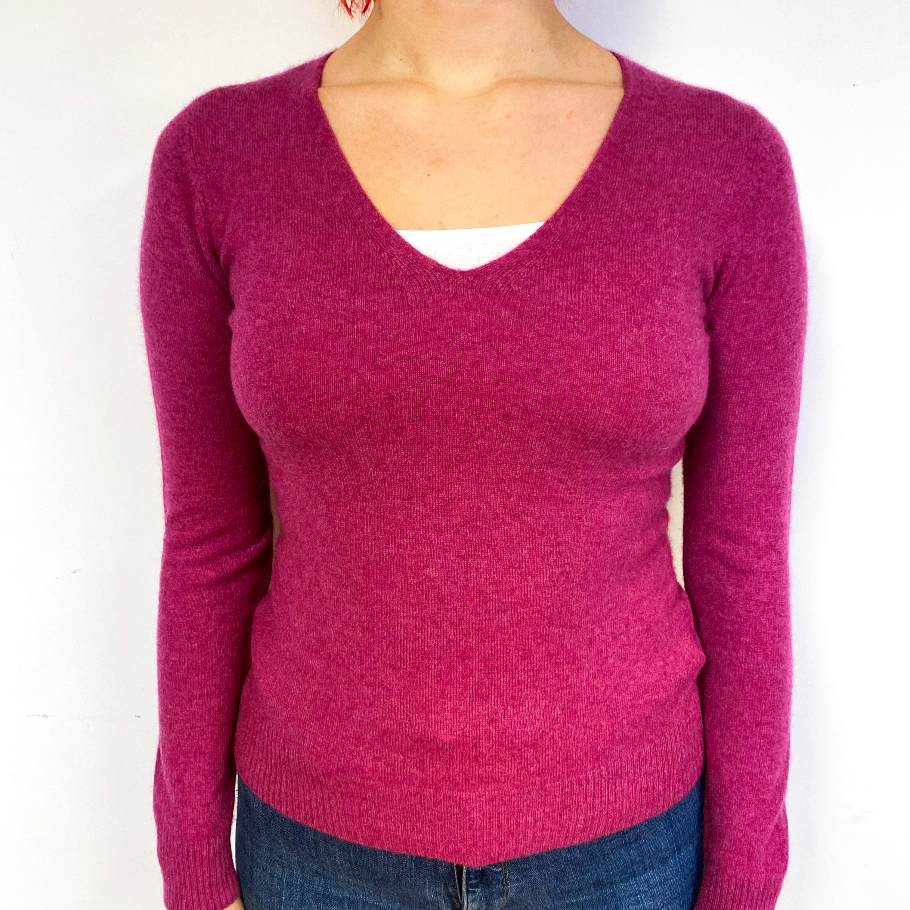 Magenta Pink Cashmere V-Neck Jumper Small