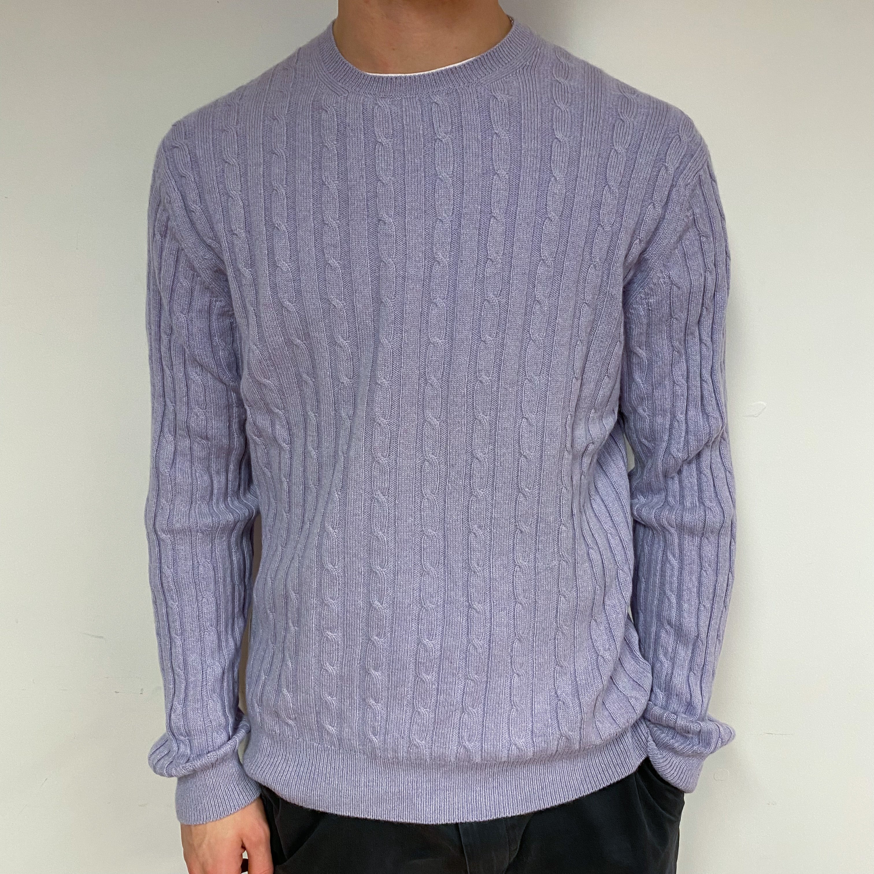 Men's Lilac Cable Cashmere Crew Neck Jumper Large