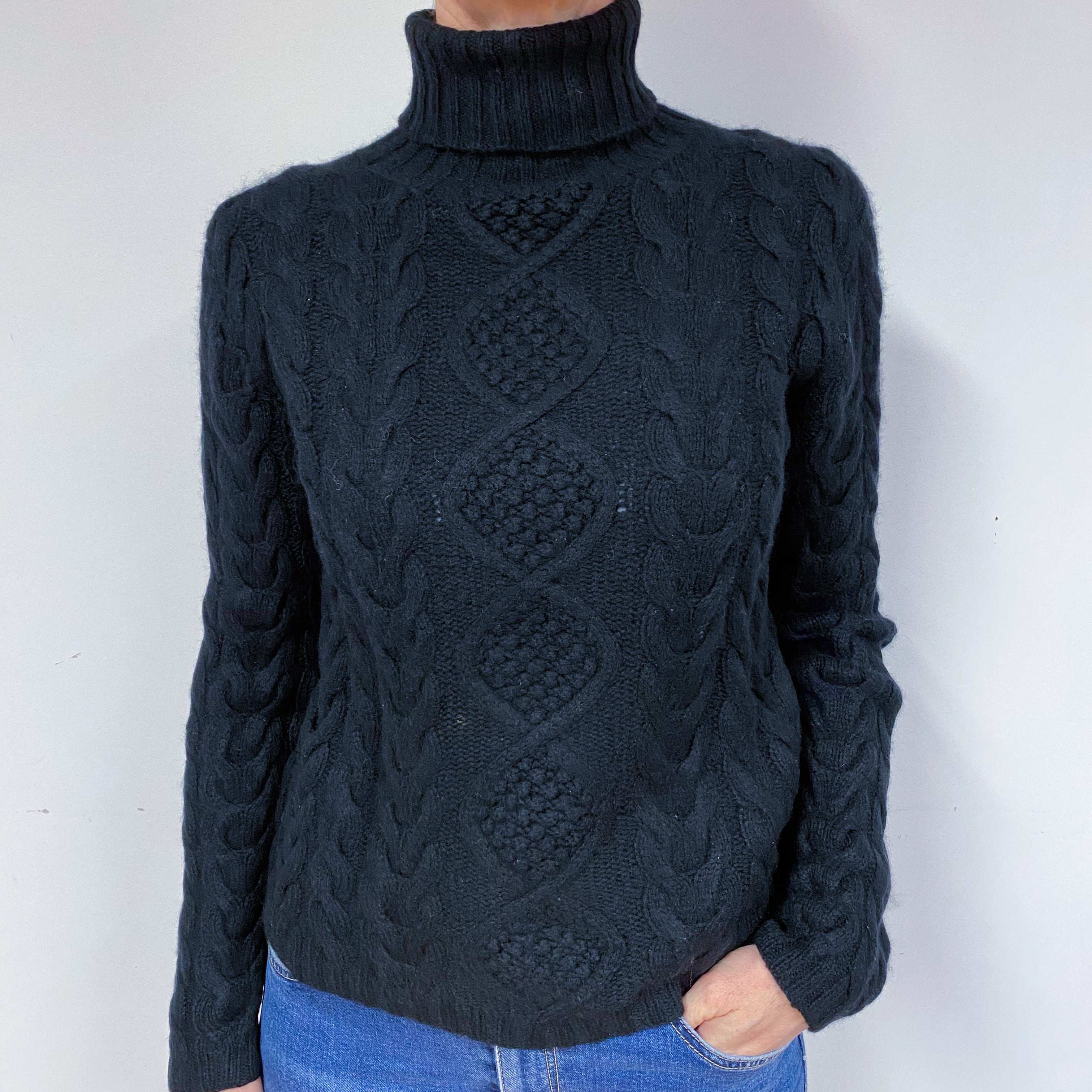 Black Chunky Cable Cashmere Polo Neck Jumper Medium