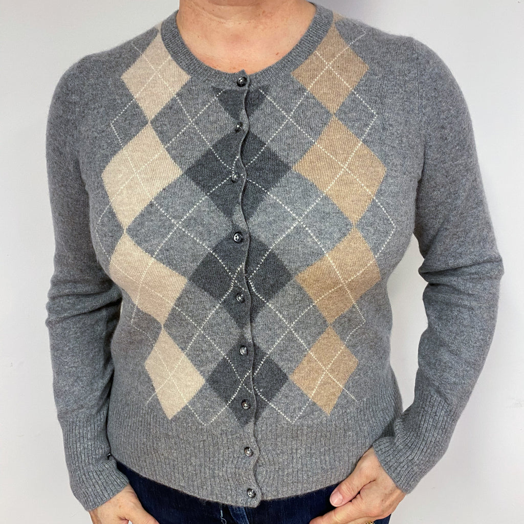 Grey and Beige Diamond Cashmere Crew Neck Cardigan Large