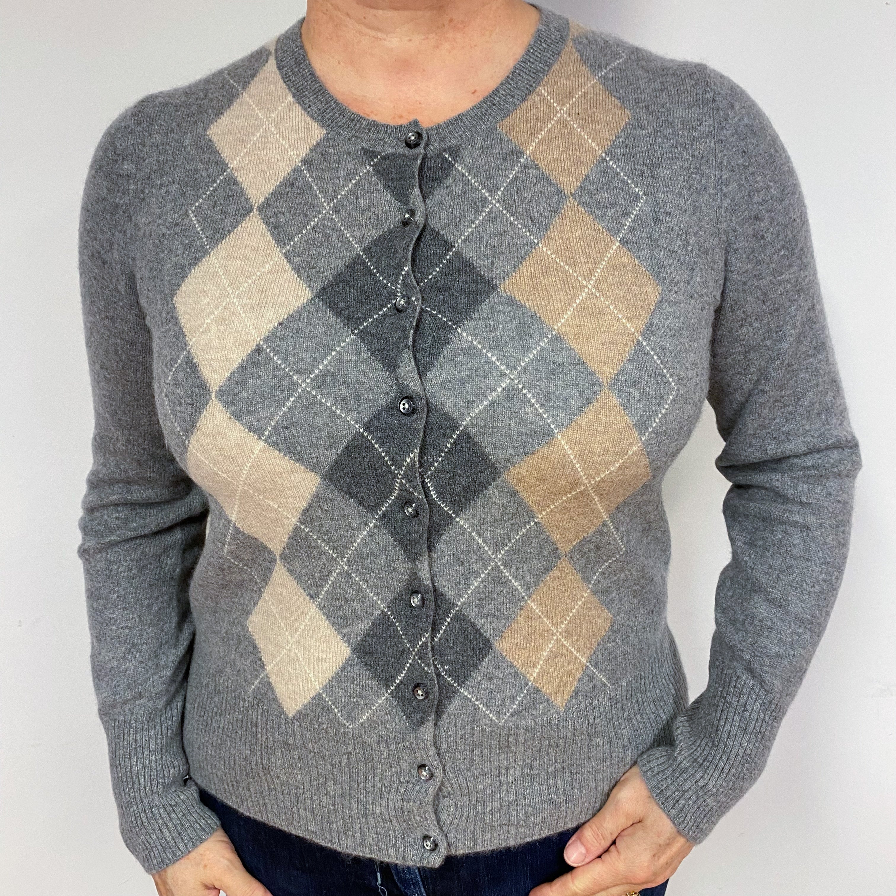 Grey and Beige Diamond Cashmere Crew Neck Cardigan Large