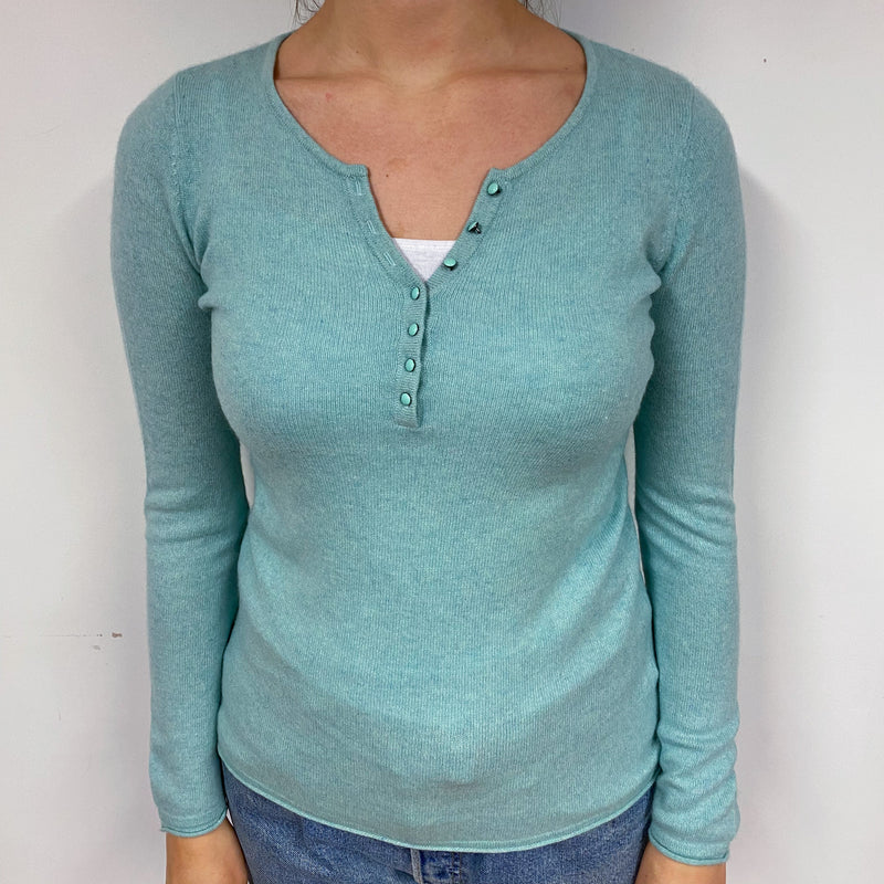 Mint Green Buttoned Cashmere V-Neck Jumper Small