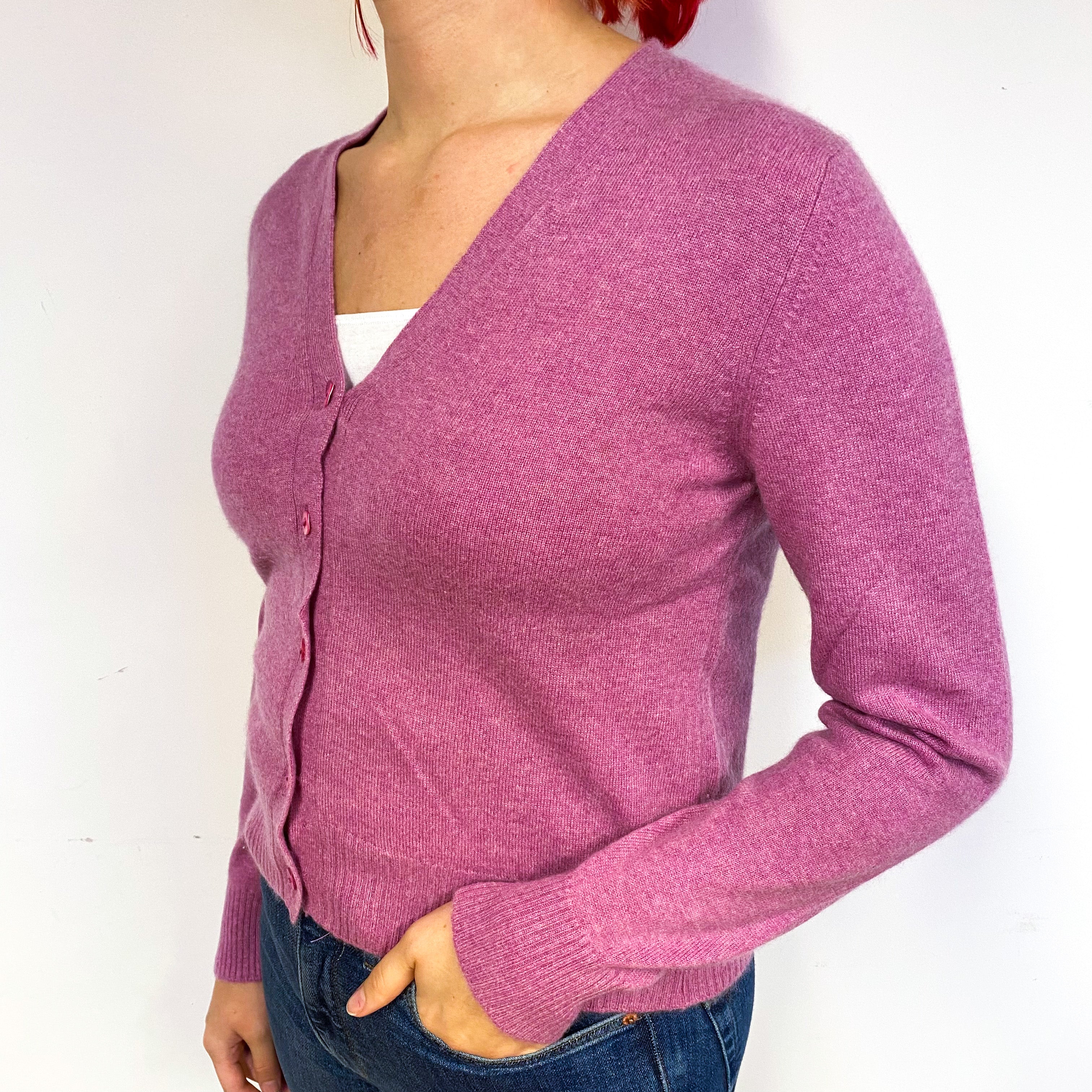 Brora Mauve Pink Cashmere V-Neck Cardigan Small