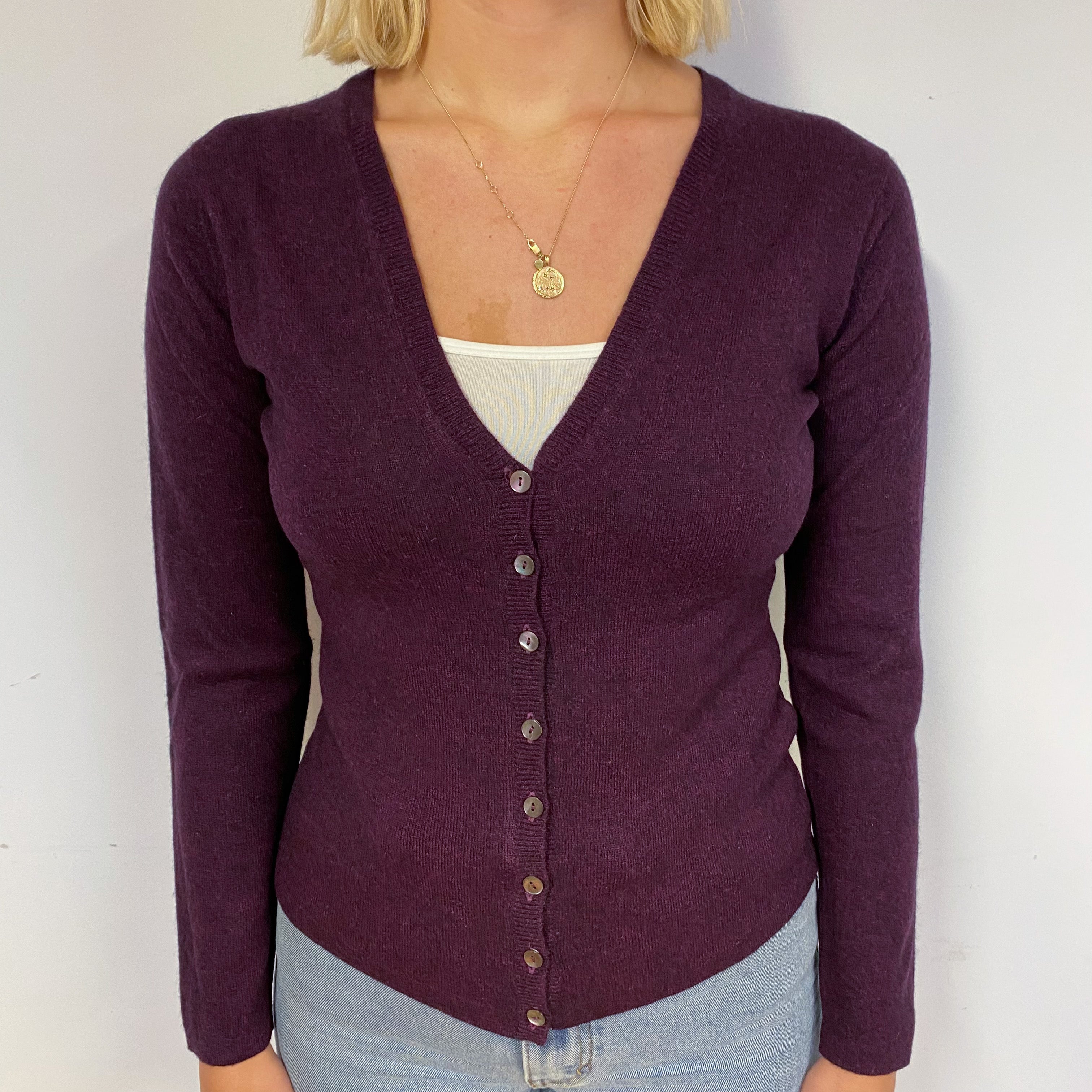 Brora Aubergine Purple Cashmere V-Neck Cardigan Small