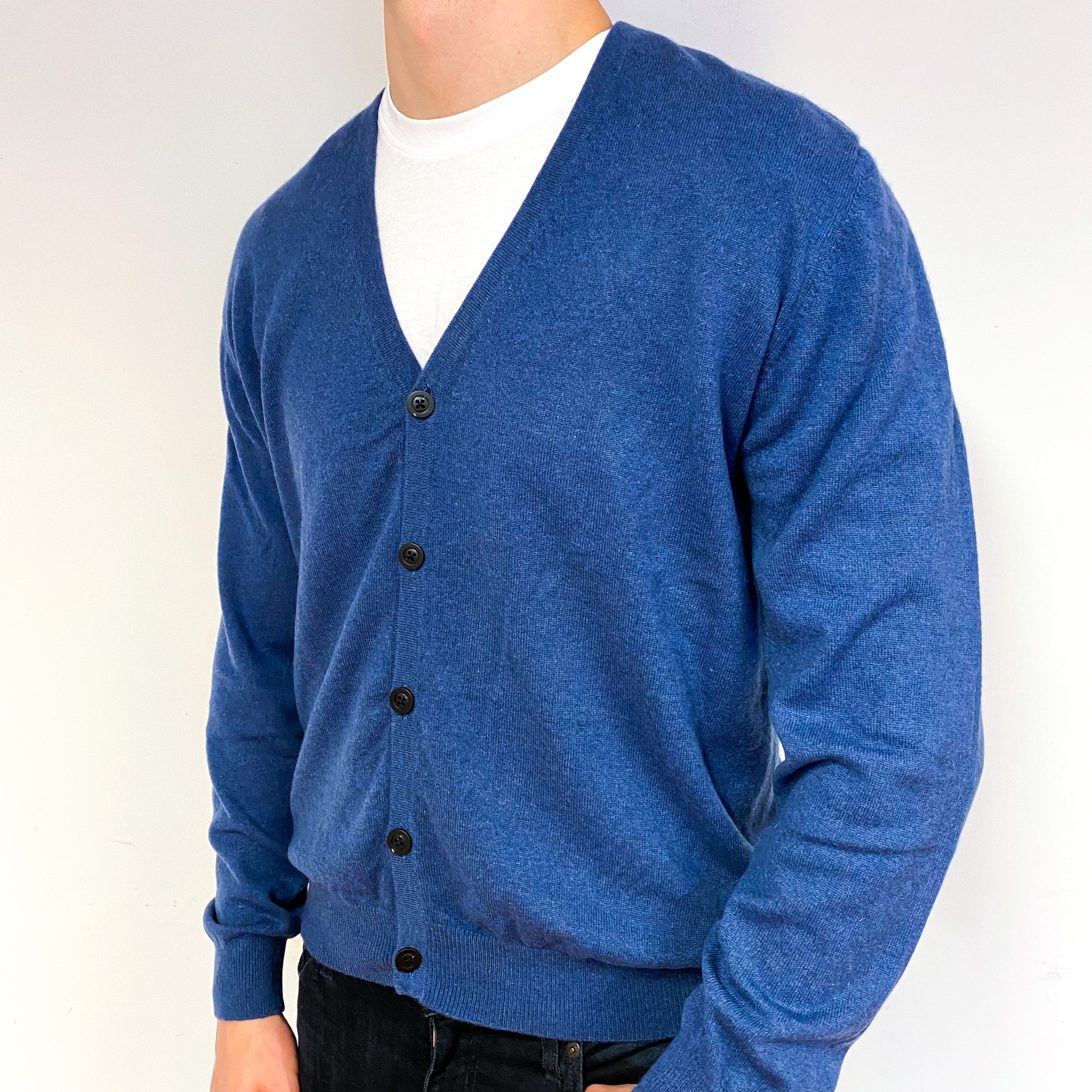 Men's Naval Blue Cashmere V-Neck Cardigan Extra Large